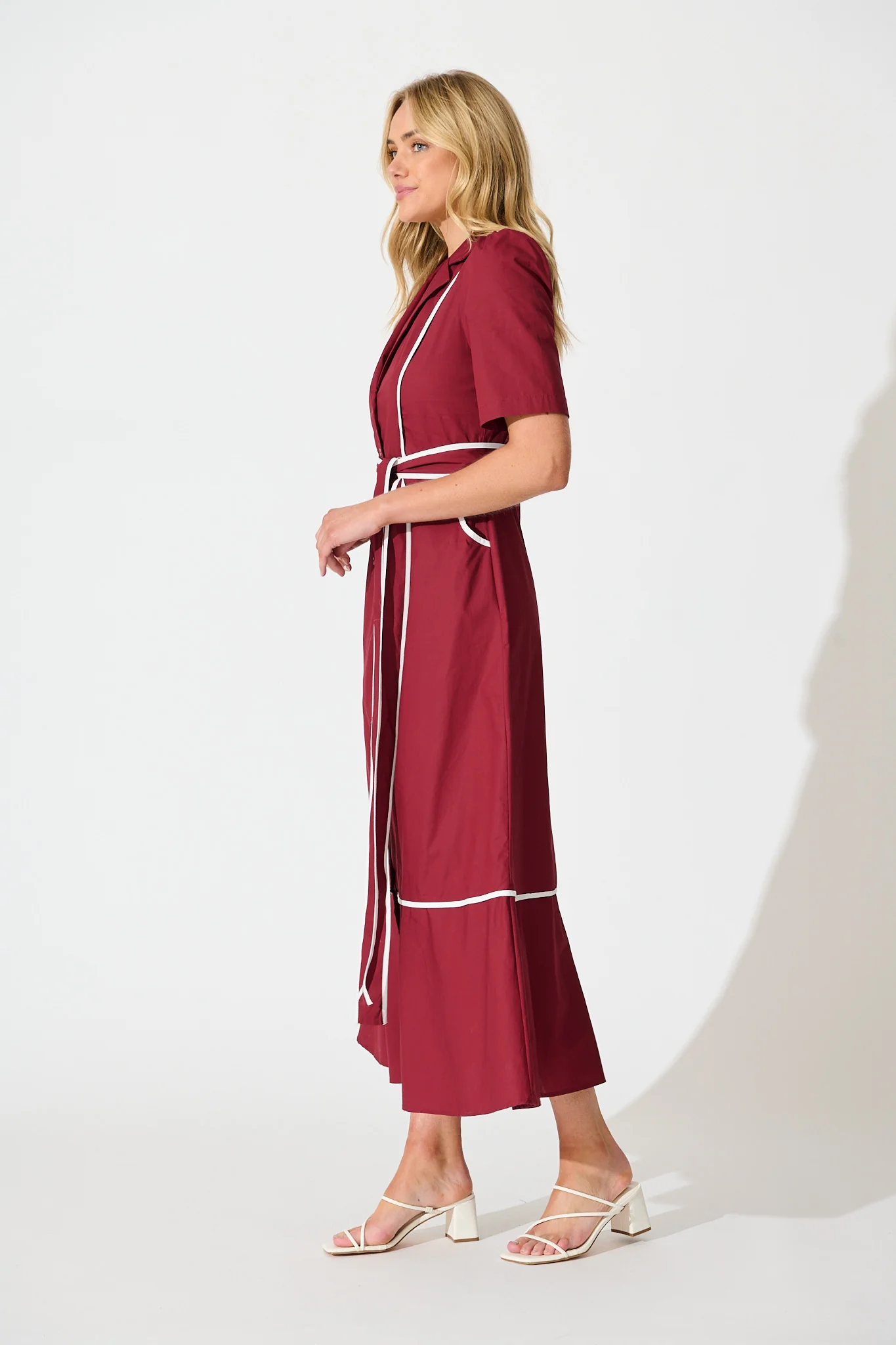 Rhea Maxi Shirt Dress in Wine with Contrast Piping Cotton - Image 3