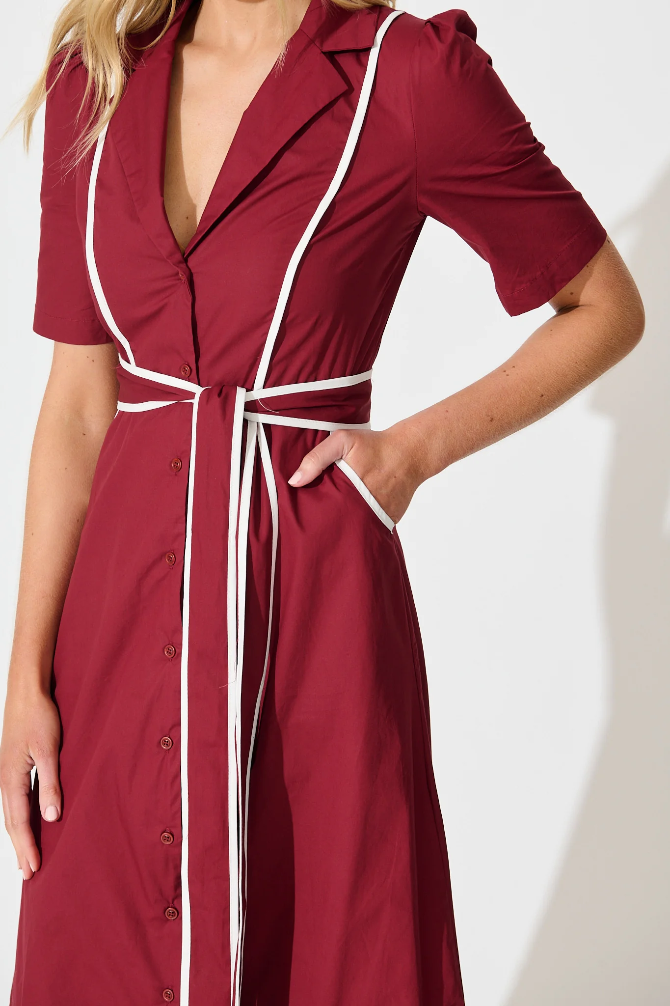Rhea Maxi Shirt Dress in Wine with Contrast Piping Cotton - Image 5