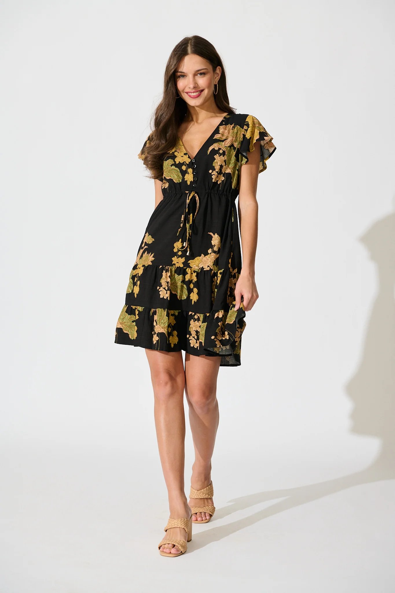 Rian Dress in Black Floral Linen Blend