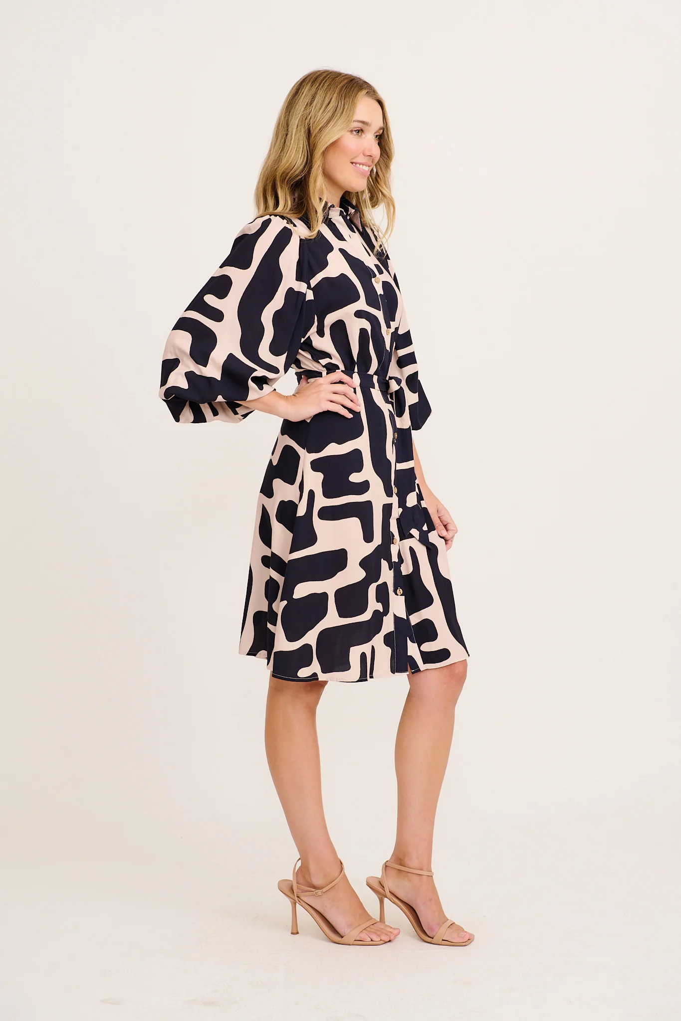 Risa Shirt Dress in Black with Cream Print - Image 3