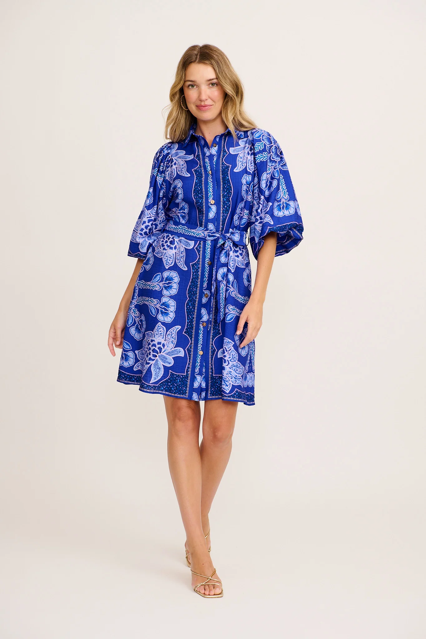 Risa Shirt Dress in Blue Floral Print Linen Blend