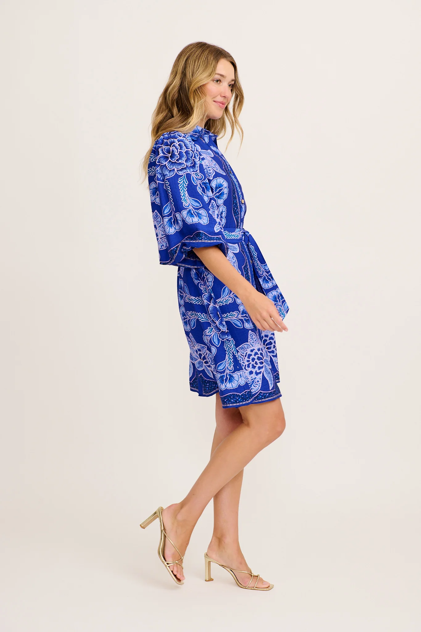 Risa Shirt Dress in Blue Floral Print Linen Blend - Image 3