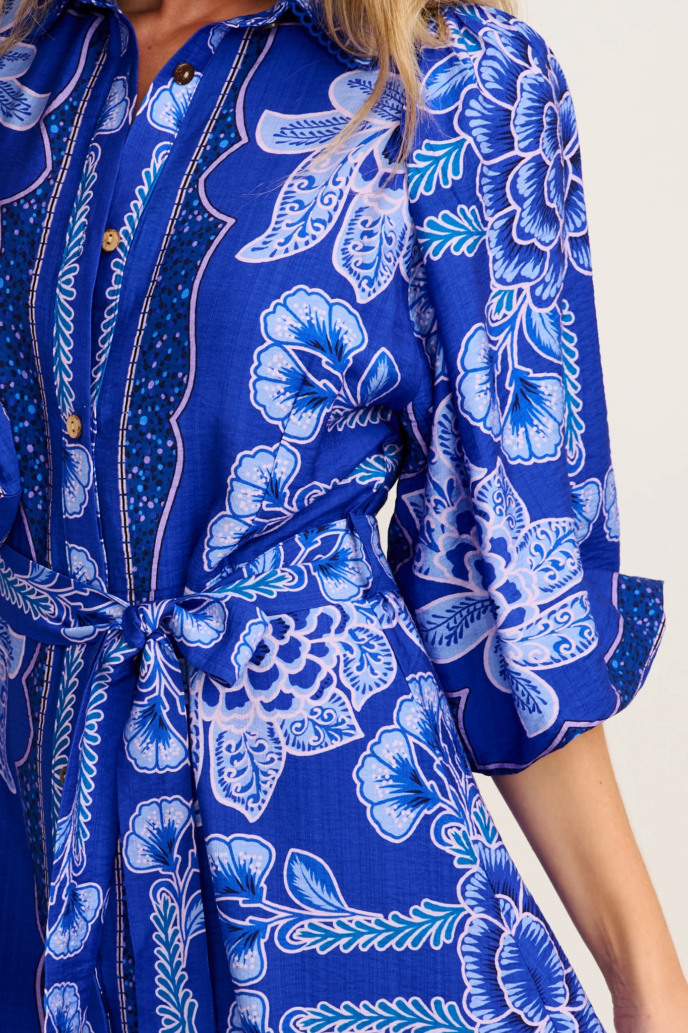 Risa Shirt Dress in Blue Floral Print Linen Blend - Image 5