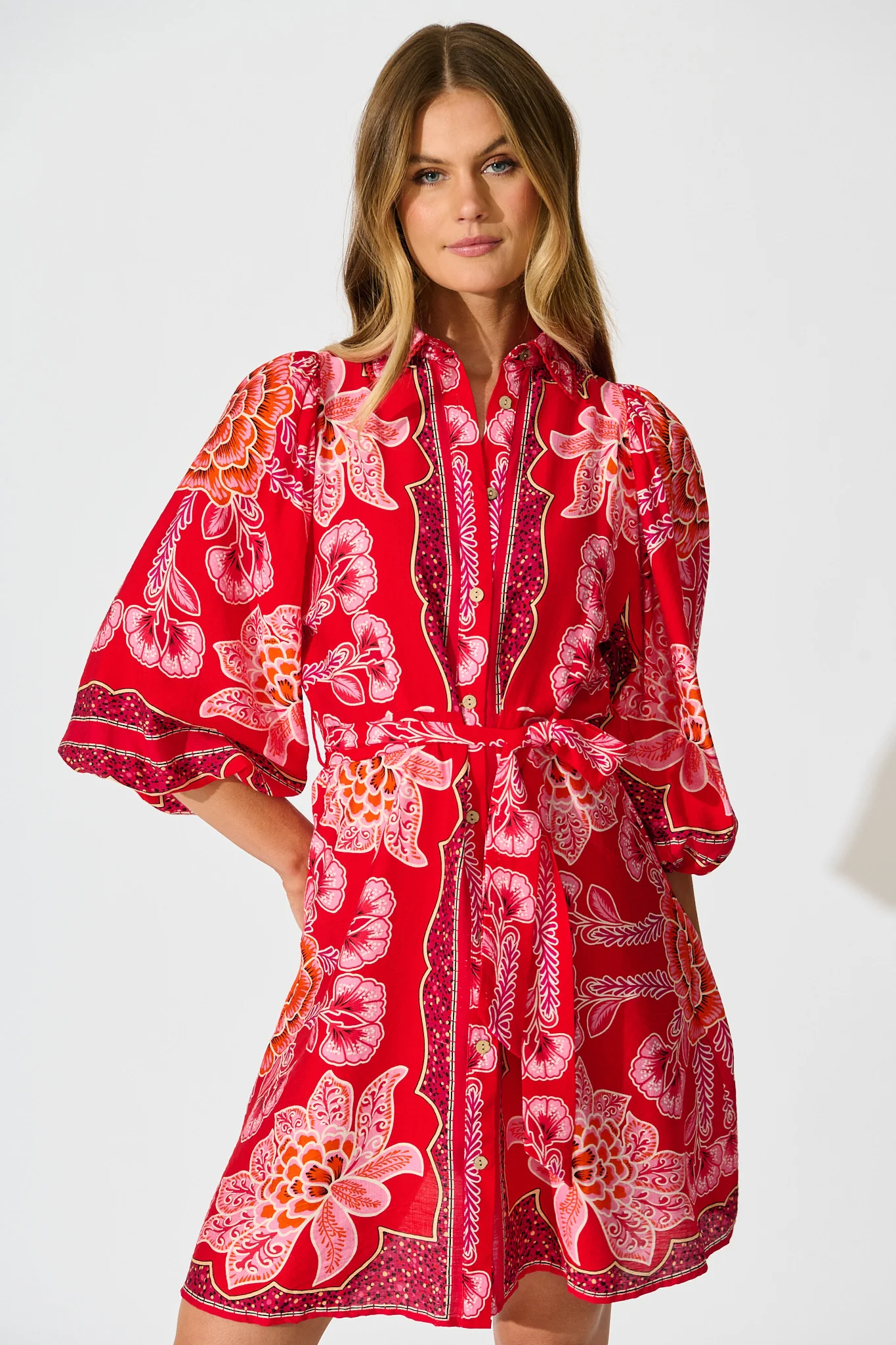 Risa Shirt Dress In Red Flower Linen Blend - Image 2