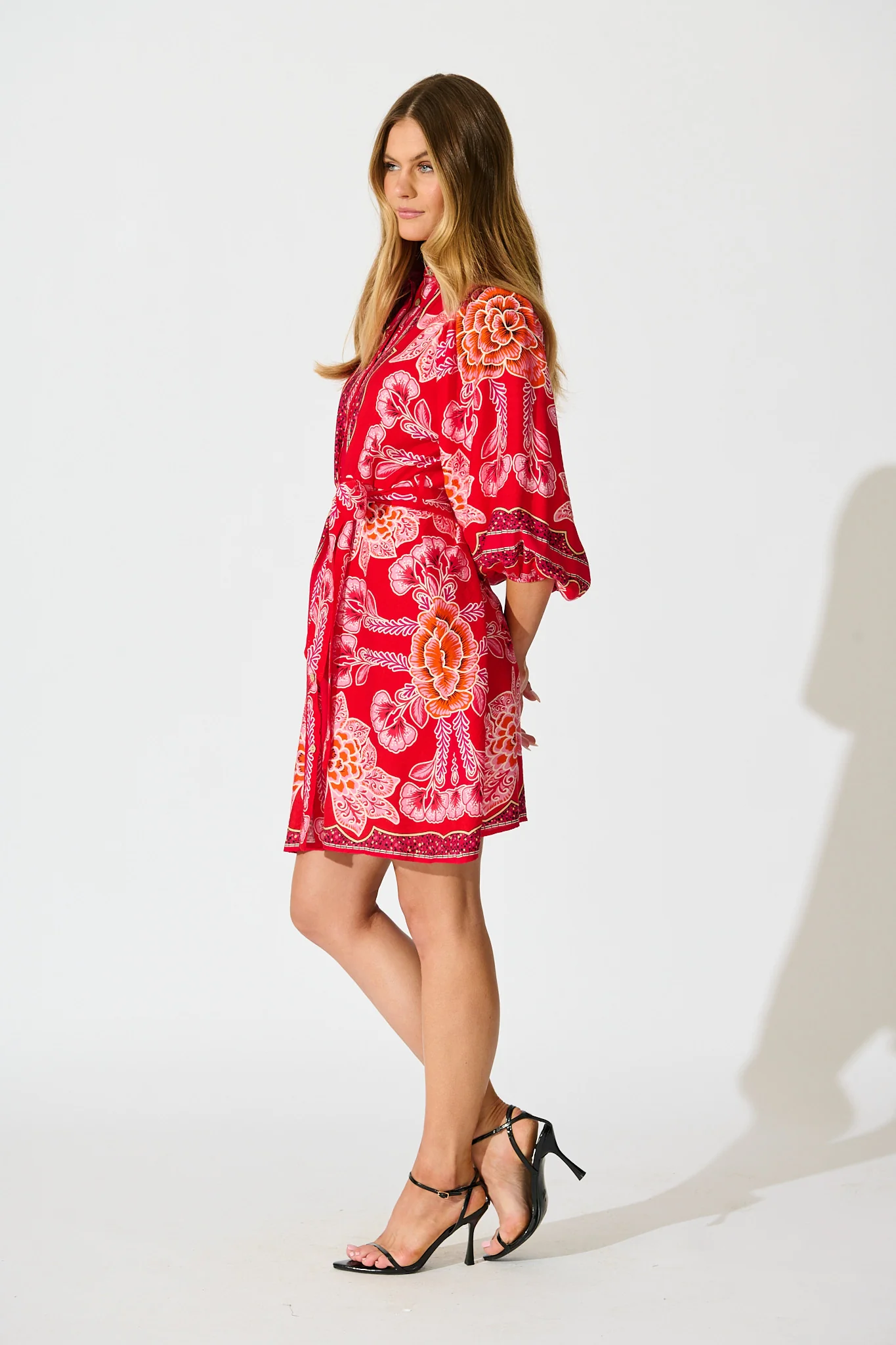 Risa Shirt Dress In Red Flower Linen Blend - Image 3