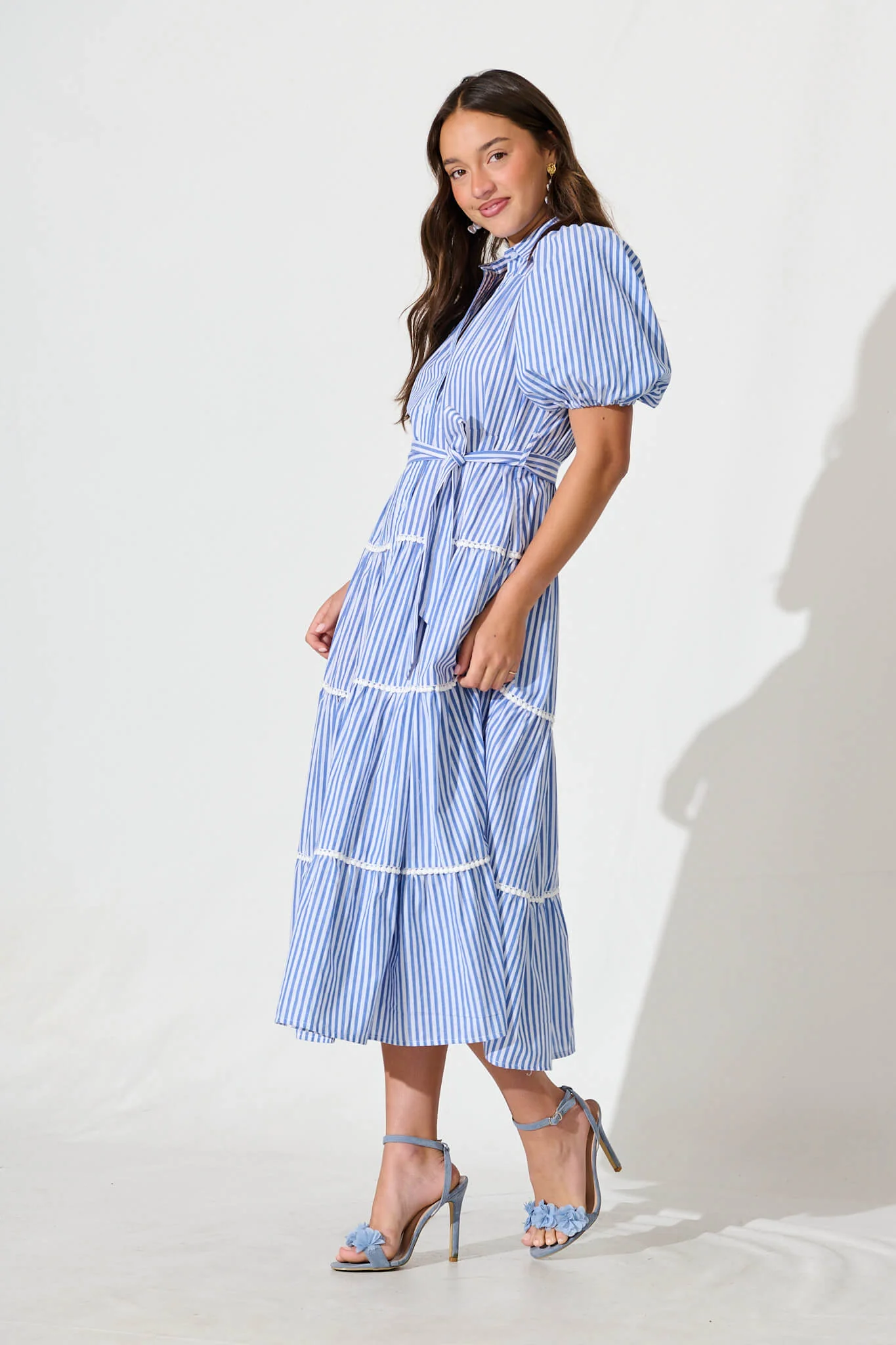 Riverina Midi Shirt Dress in Blue with White Stripe Cotton - Image 3