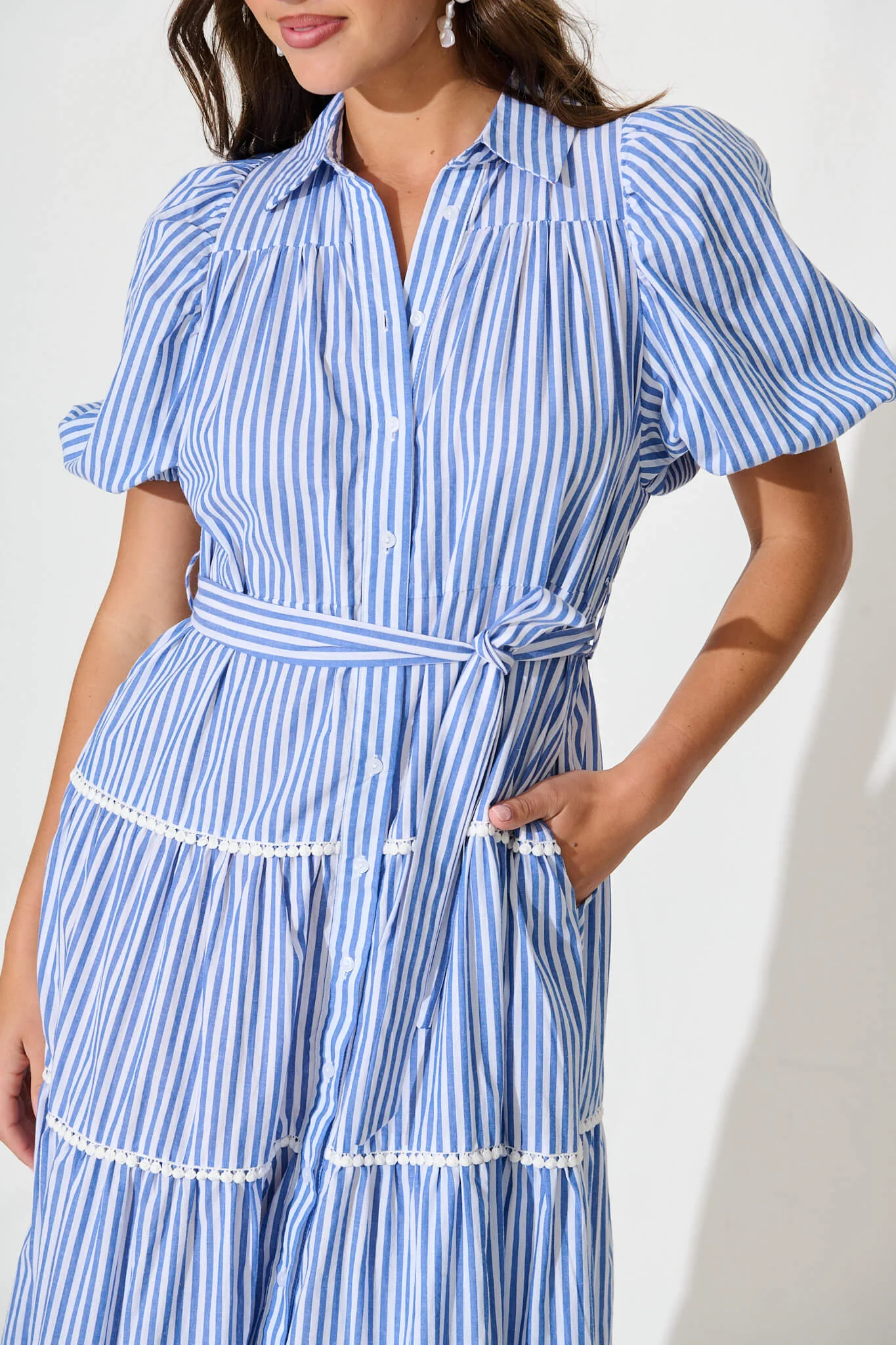 Riverina Midi Shirt Dress in Blue with White Stripe Cotton - Image 5