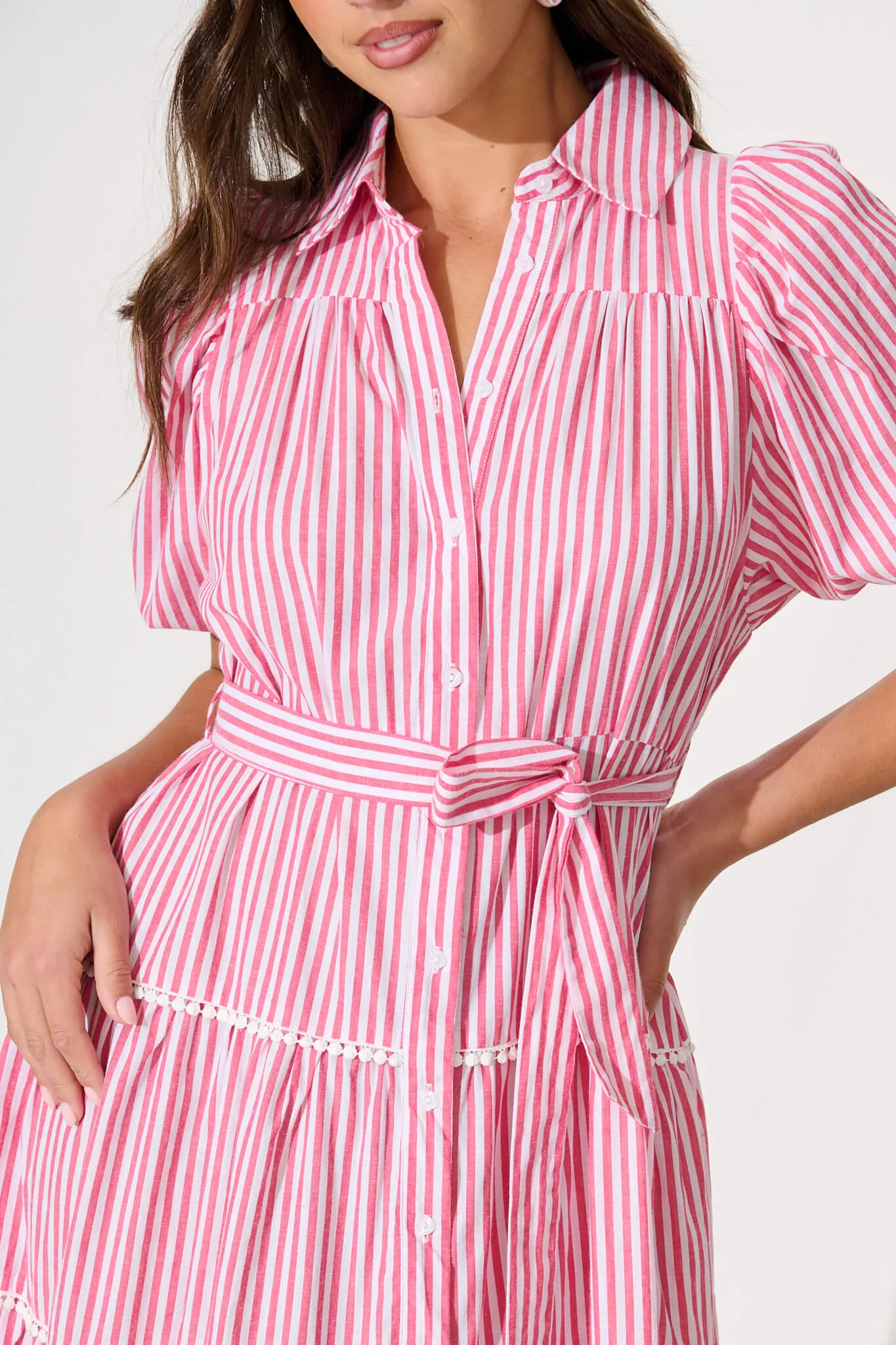 Riverina Midi Shirt Dress in Pink with White Stripe Cotton - Image 5