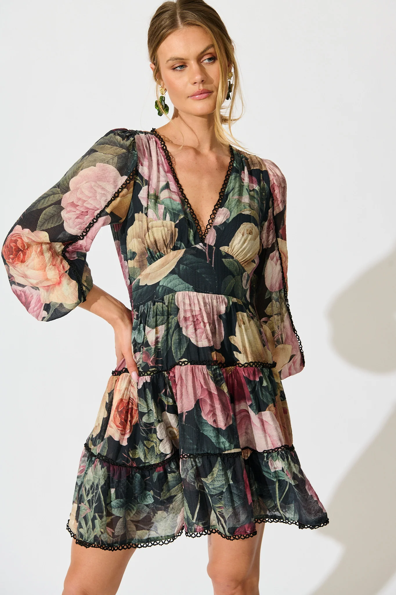 Riverstone Dress in Dark Multi Floral with Black Lace Trim - Image 2