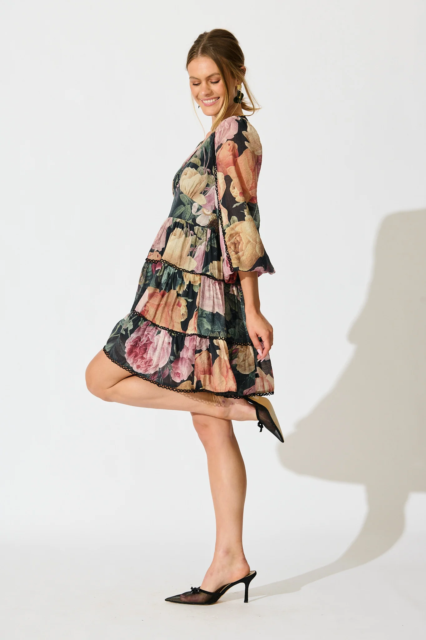 Riverstone Dress in Dark Multi Floral with Black Lace Trim - Image 3