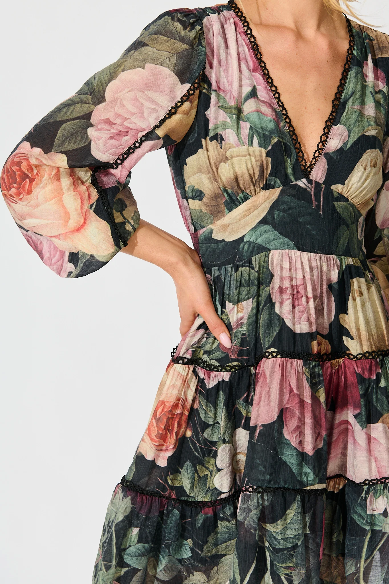 Riverstone Dress in Dark Multi Floral with Black Lace Trim - Image 5