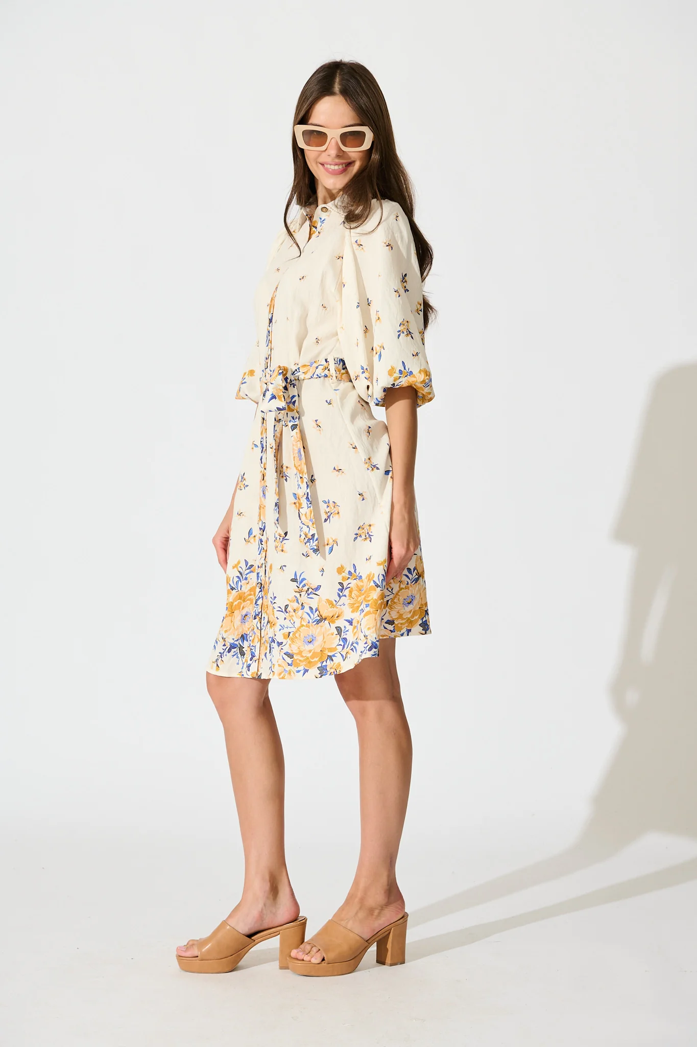 Robilyn Shirt Dress in Cream with Blue and Yellow Linen Blend