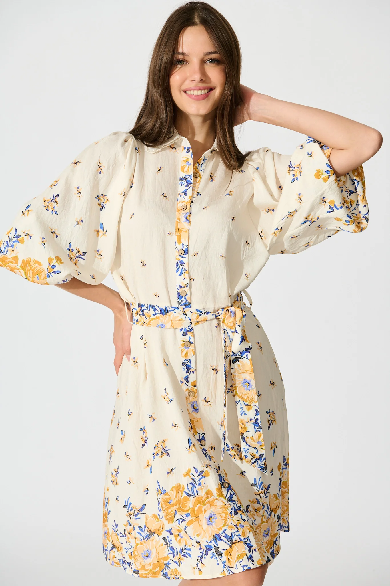 Robilyn Shirt Dress in Cream with Blue and Yellow Linen Blend - Image 2