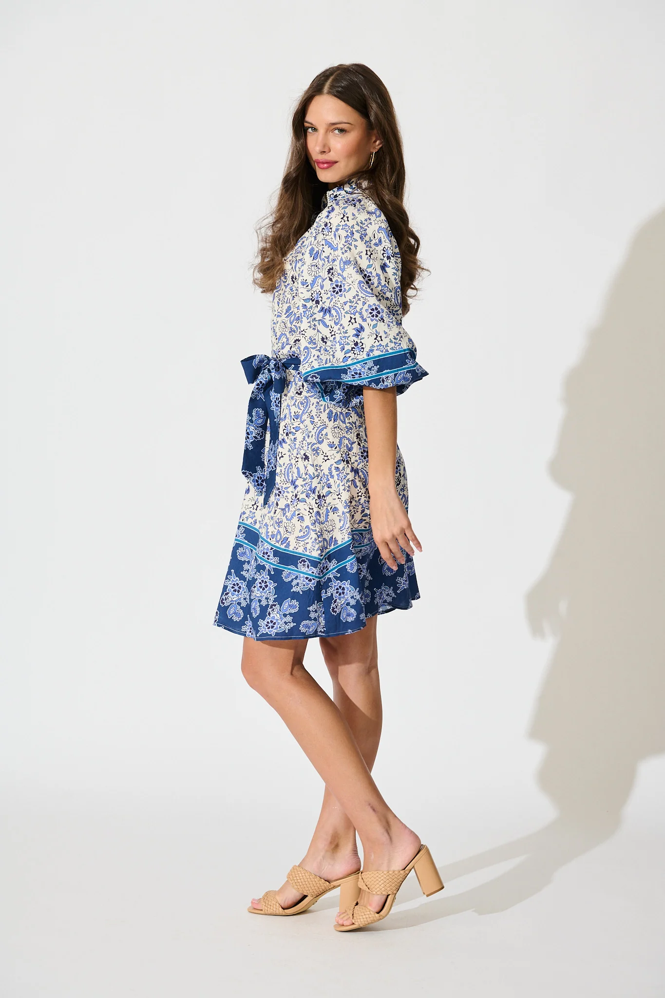 Robilyn Shirt Dress in Cream with Blue Boho Floral Linen Blend - Image 3