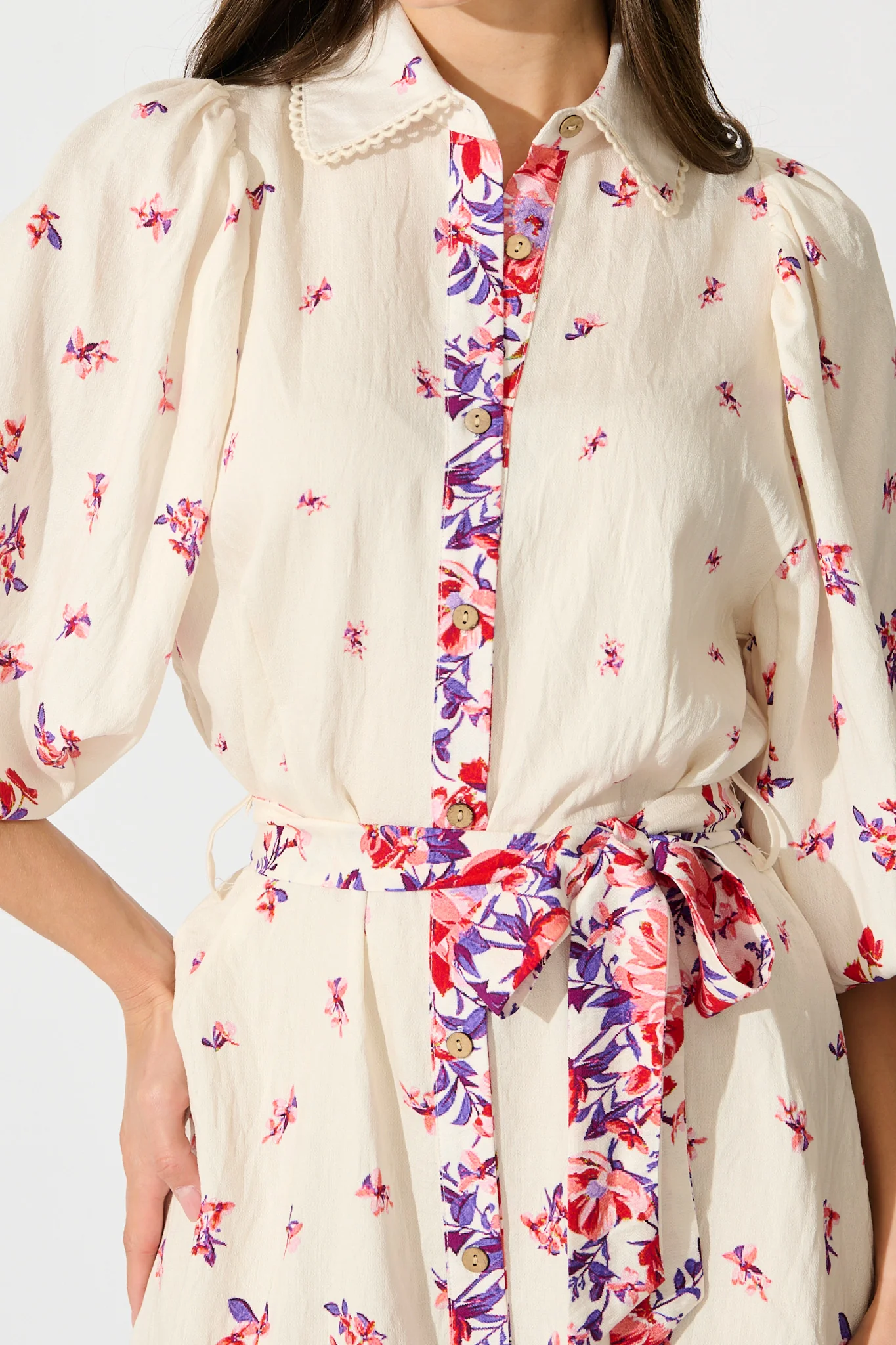 Robilyn Shirt Dress in White with Red and Purple Linen Blend - Image 5