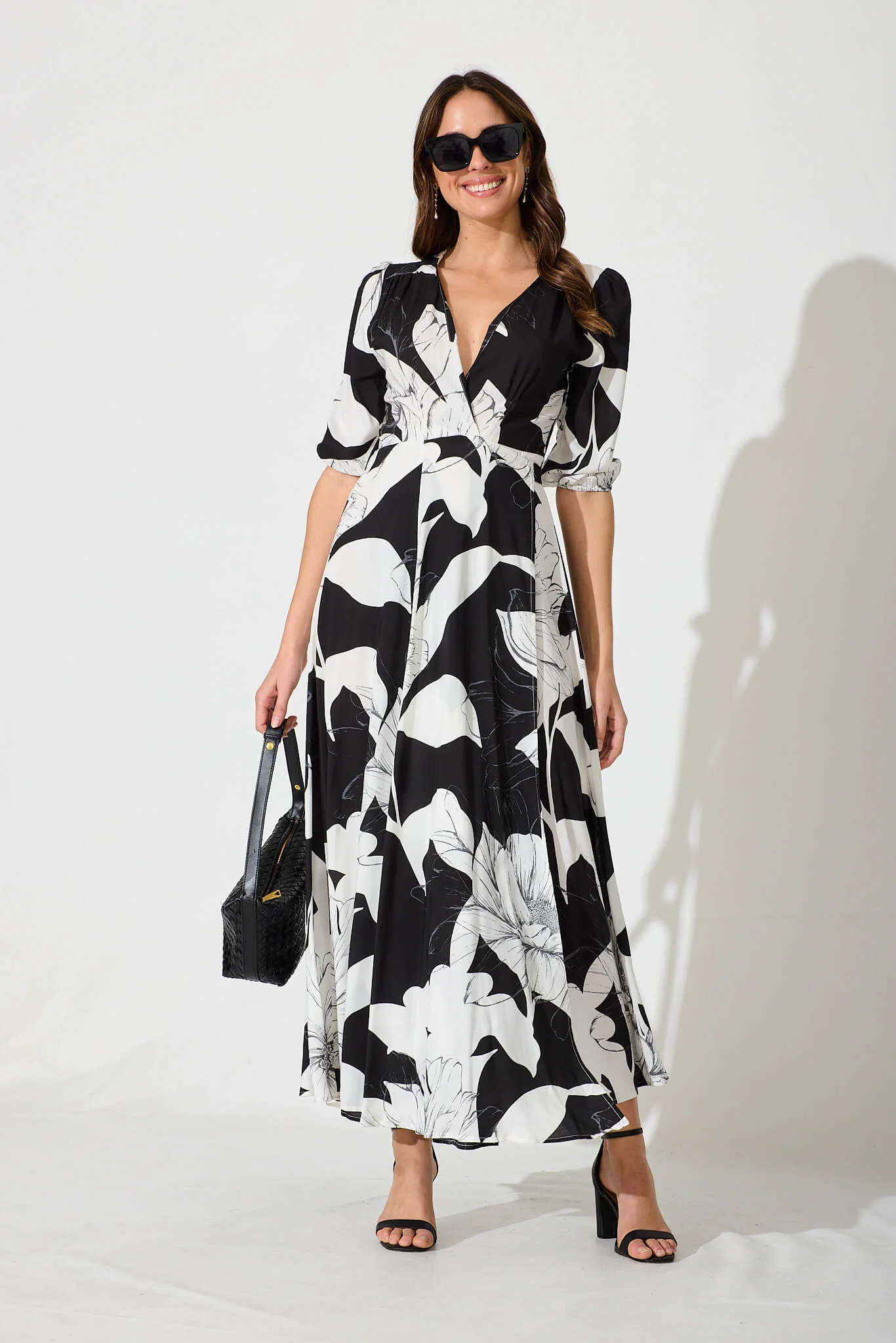 Ronda Maxi Wrap Dress In Black With White Floral - Image 10