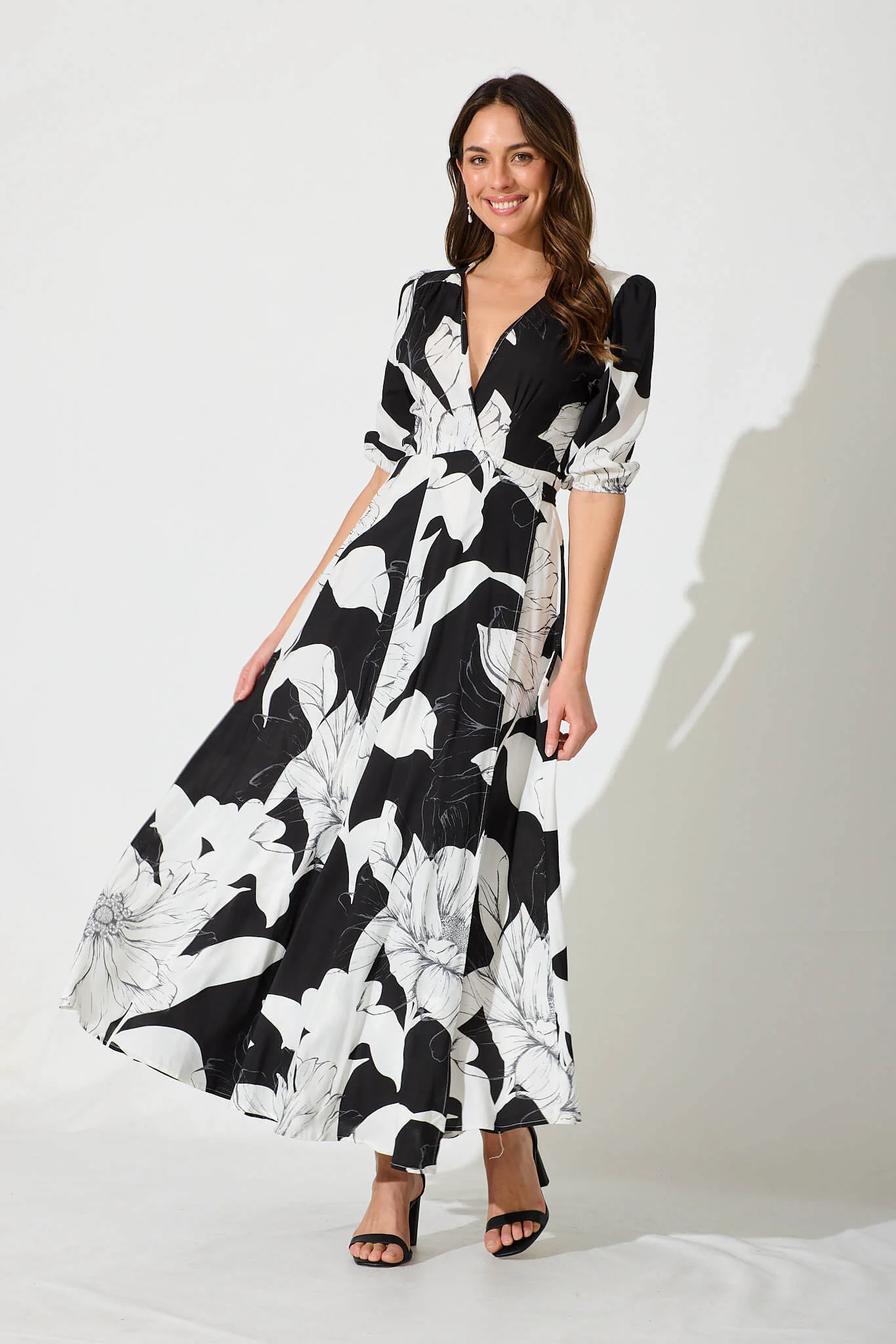 Ronda Maxi Wrap Dress In Black With White Floral - Image 2
