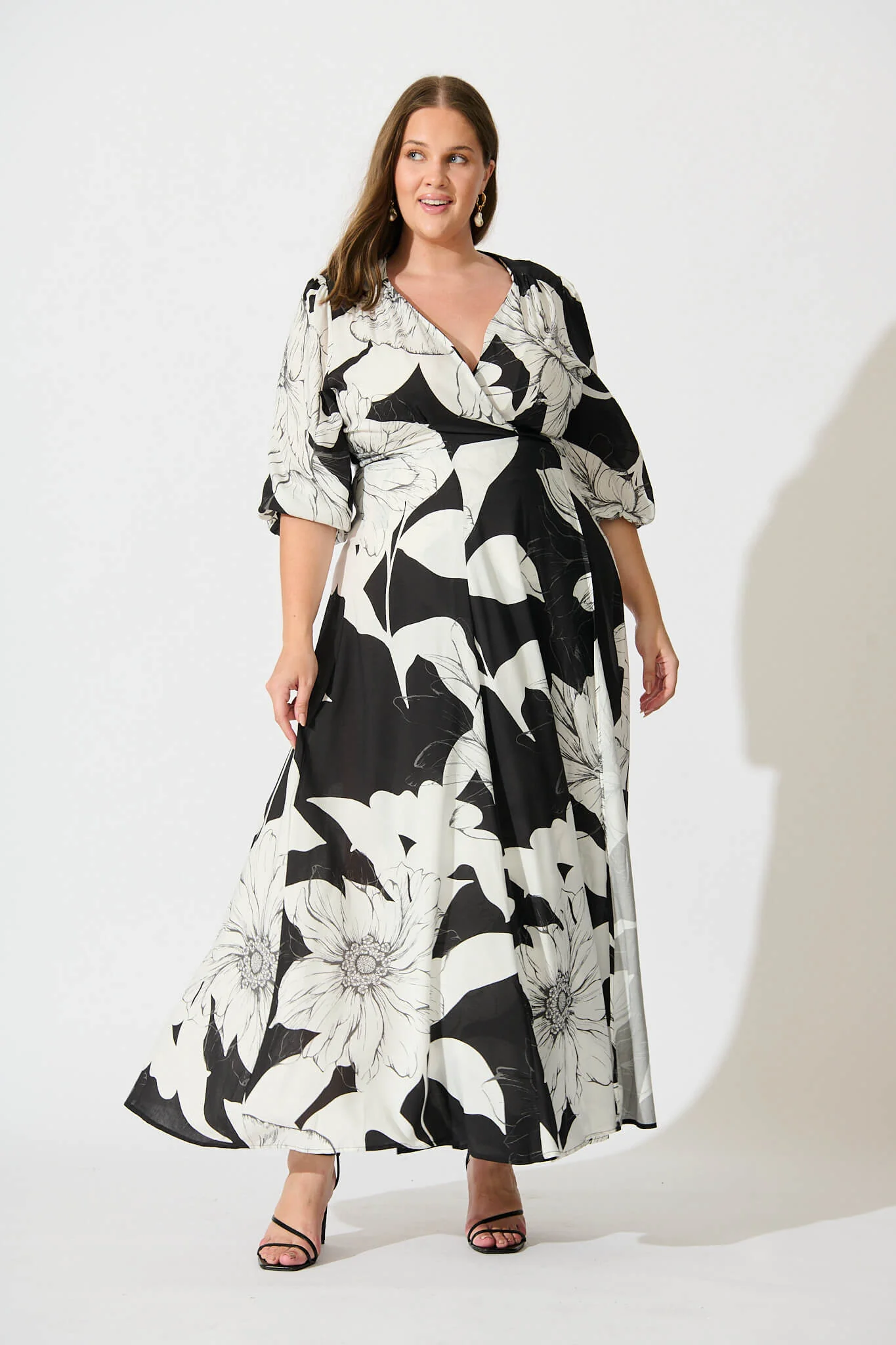 Ronda Maxi Wrap Dress In Black With White Floral - Image 6