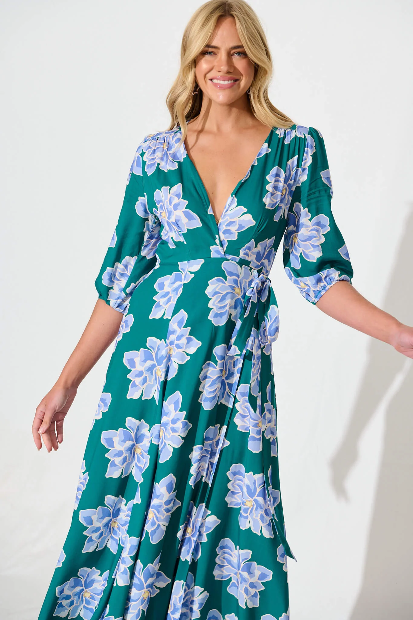 Ronda Maxi Wrap Dress In Emerald With Blue Floral - Image 2