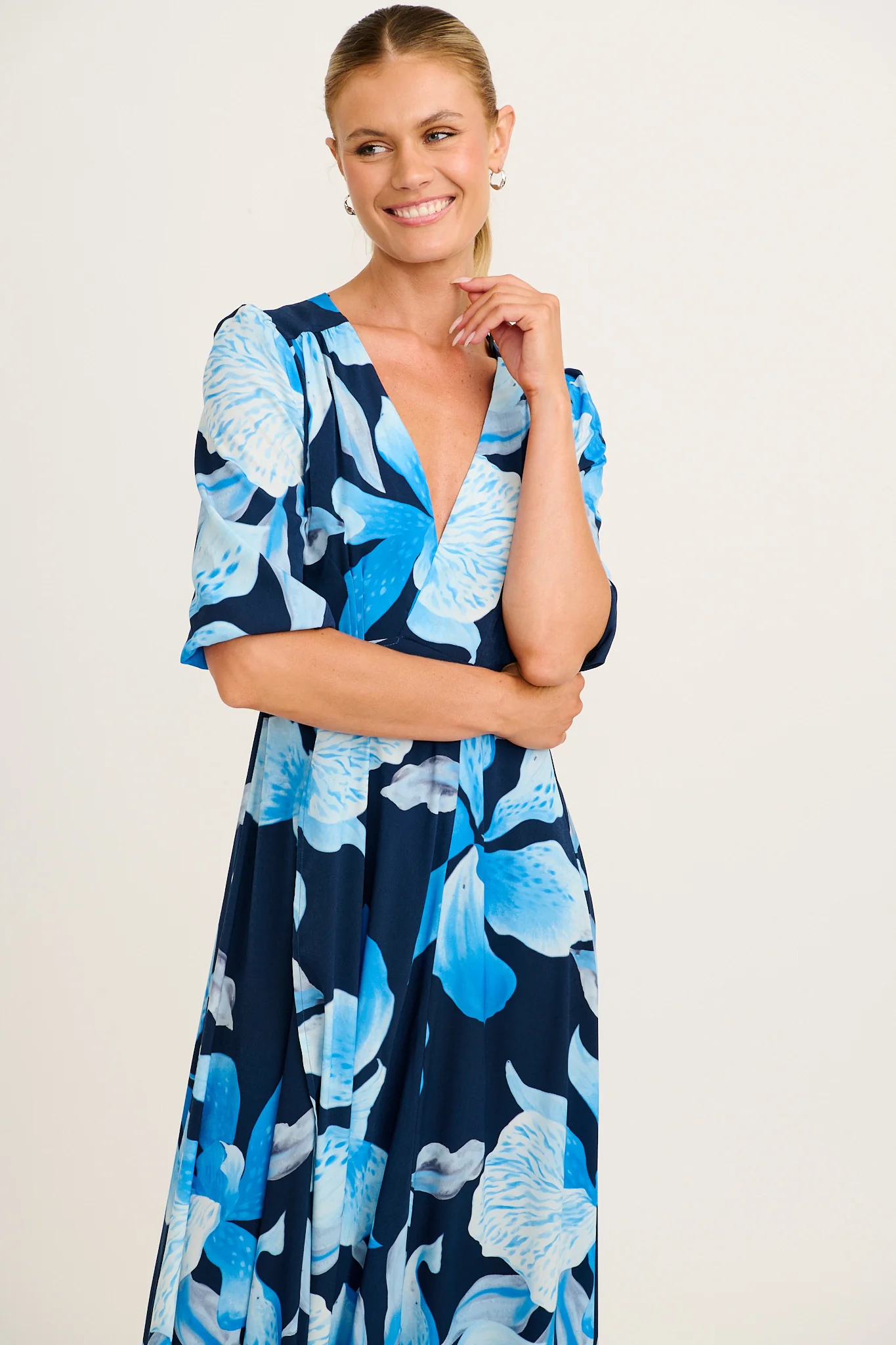 Ronda Maxi Wrap Dress in in Navy with Blue Floral - Image 2