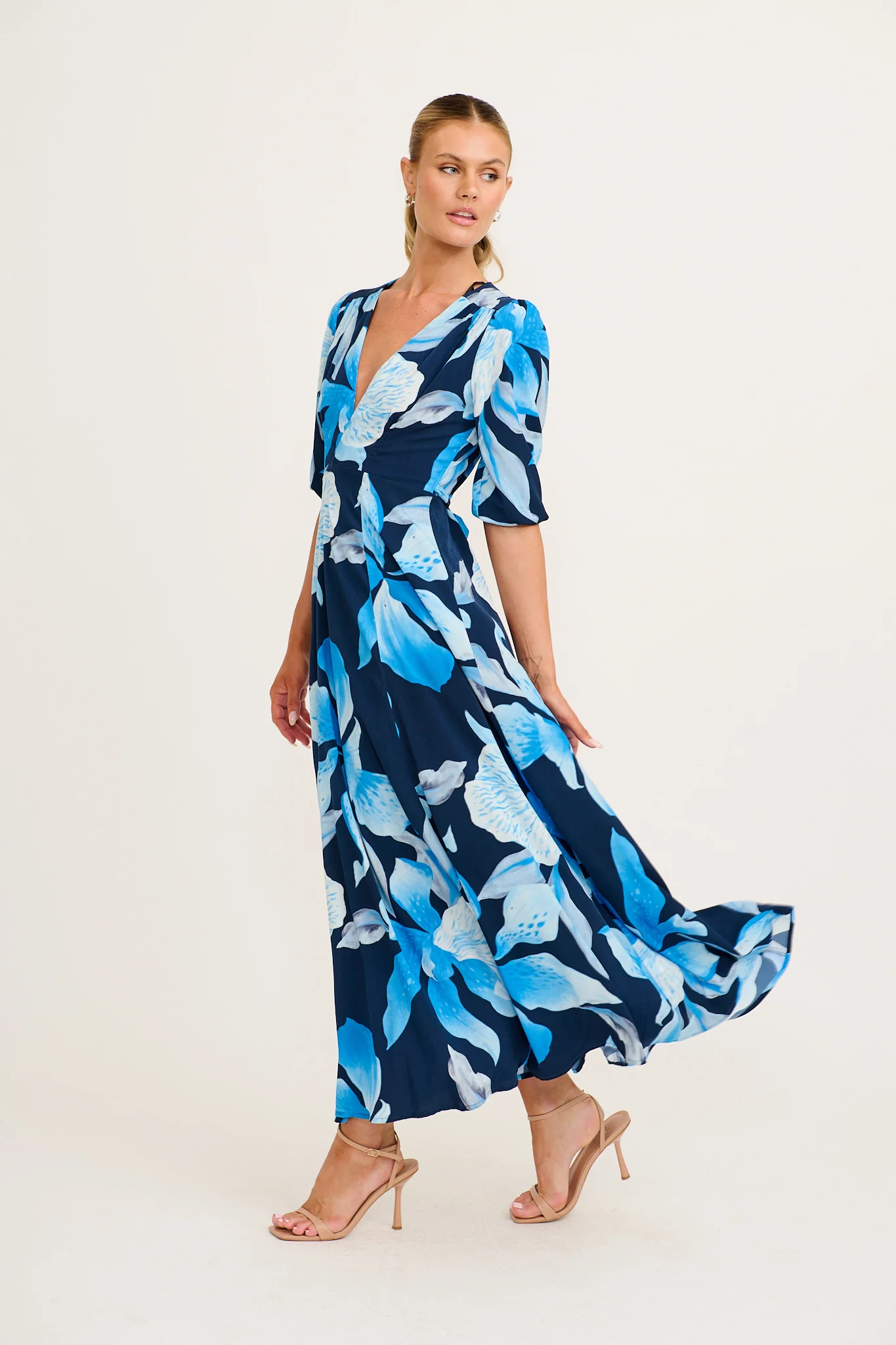 Ronda Maxi Wrap Dress in in Navy with Blue Floral - Image 3