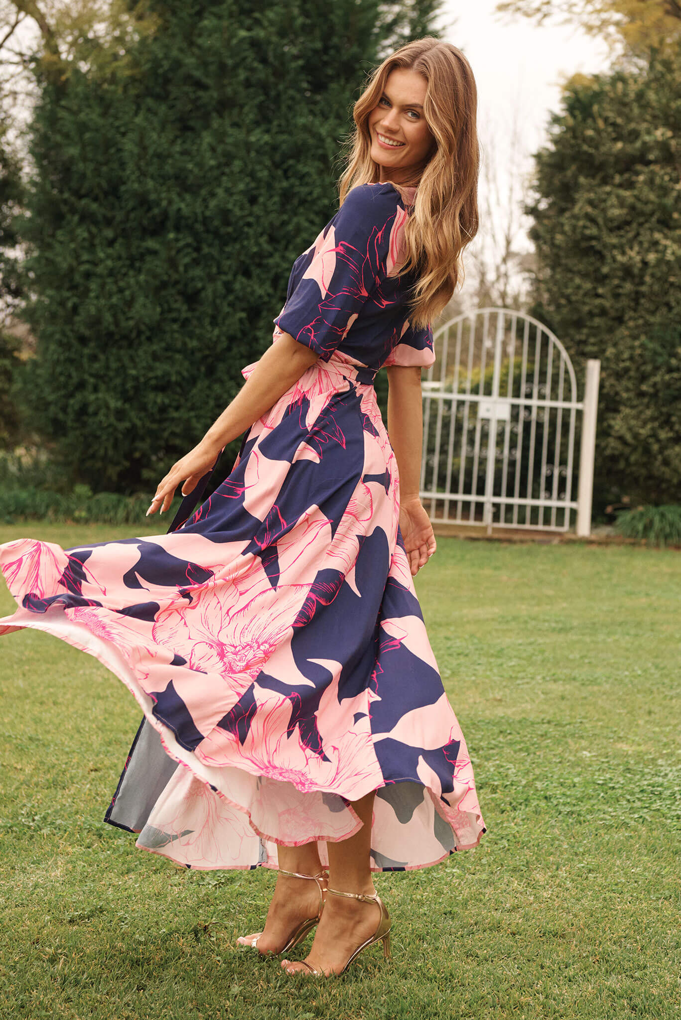 Ronda Maxi Wrap Dress In Navy With Blush Flower Print - Image 5