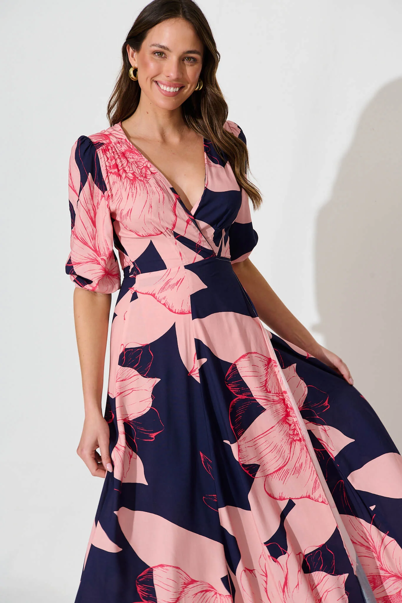 Ronda Maxi Wrap Dress In Navy With Blush Flower Print - Image 6