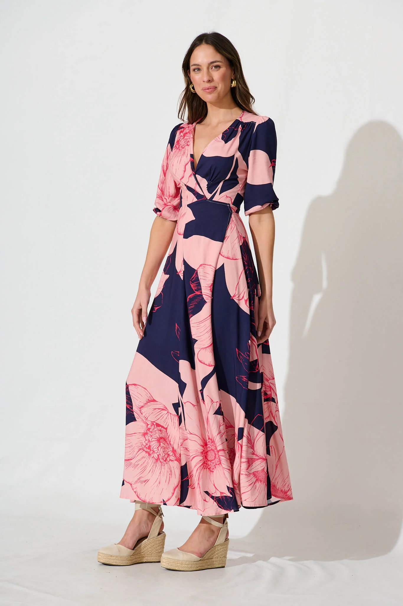 Ronda Maxi Wrap Dress In Navy With Blush Flower Print - Image 7