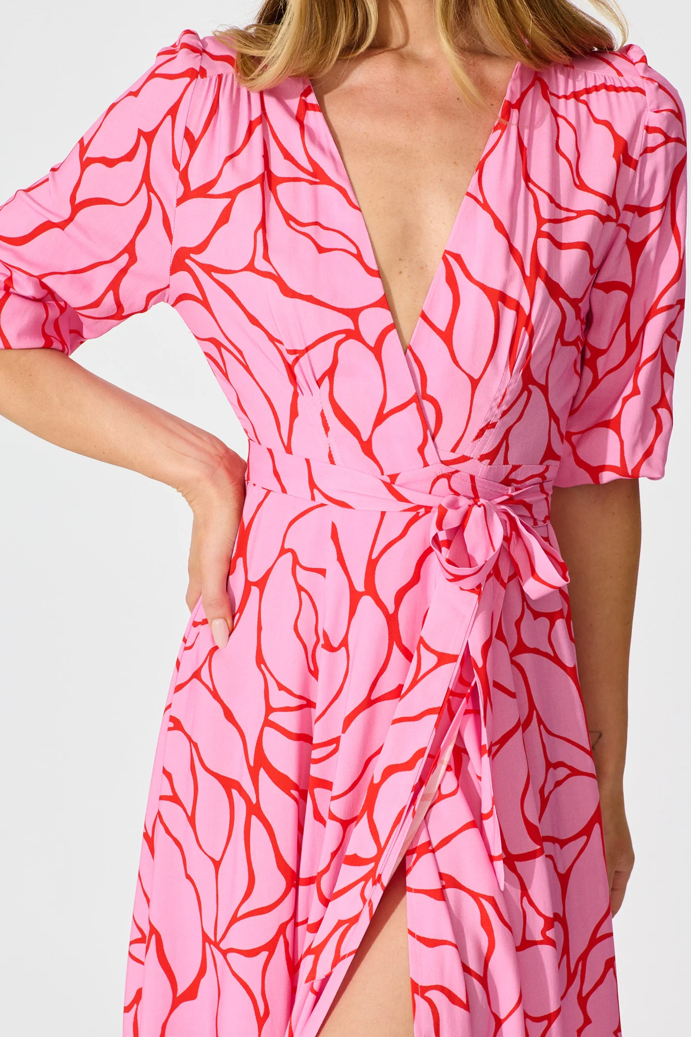 Ronda Maxi Wrap Dress in Pink Geometric Print - Image 5