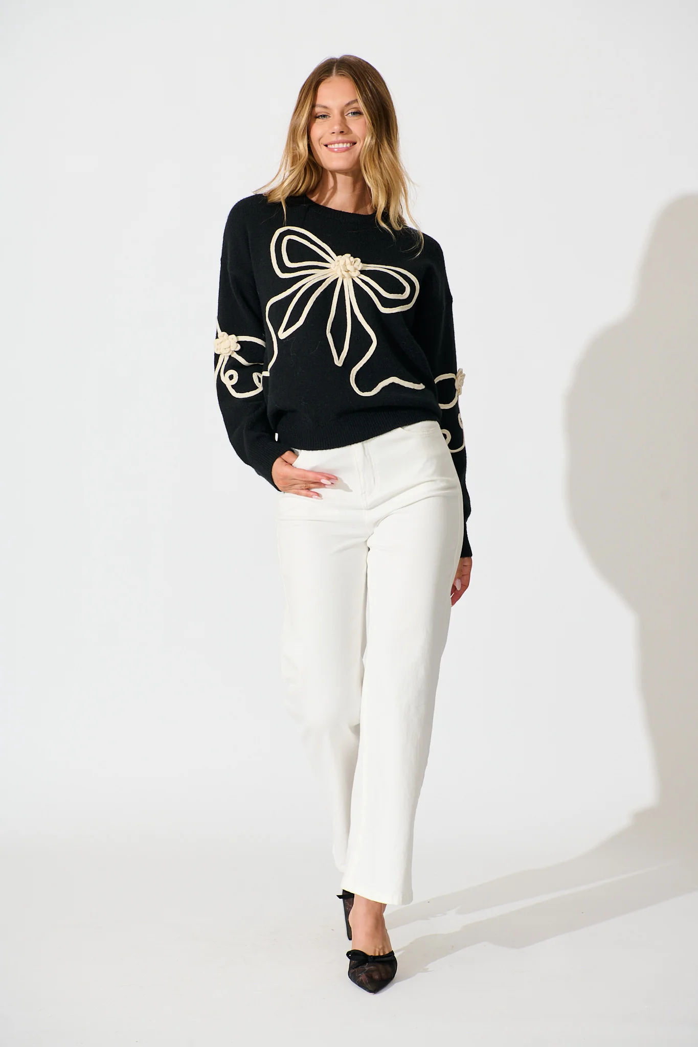 Rosa Knit in Black with Cream Bow Cotton Blend - Image 4