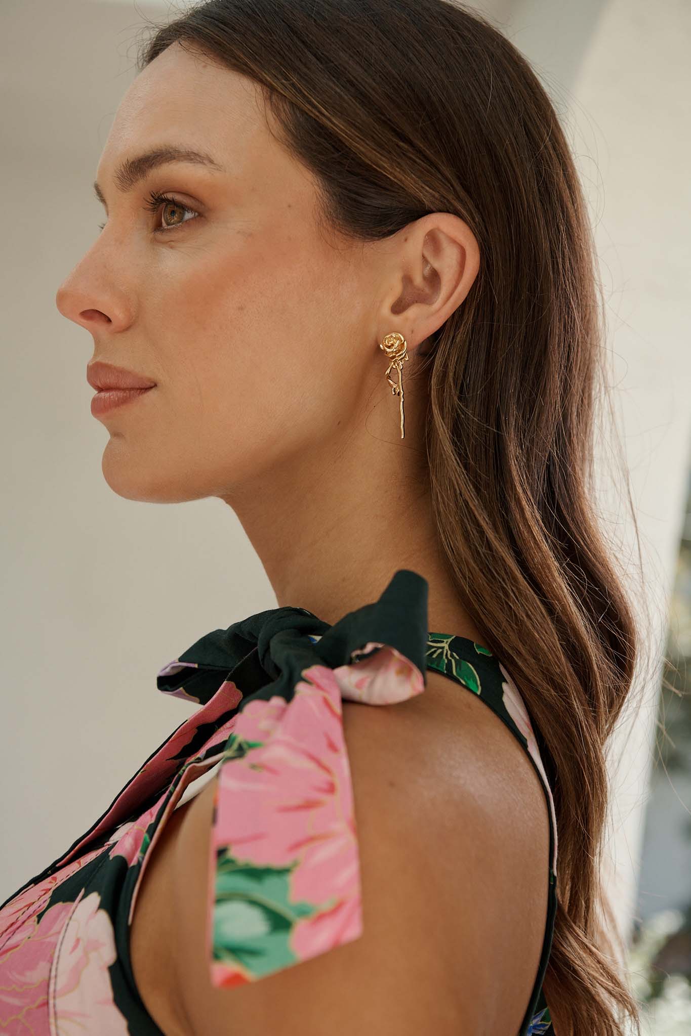 Rosalie Drop Earrings in Gold Sculpted Rose - Image 3