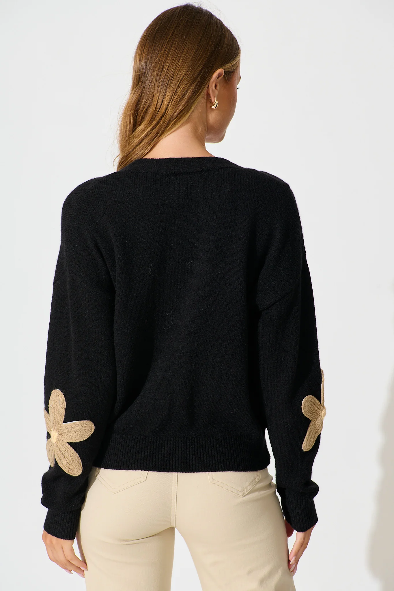 Rosalie Knit Cardigan in Black with Beige Flowers - Image 3