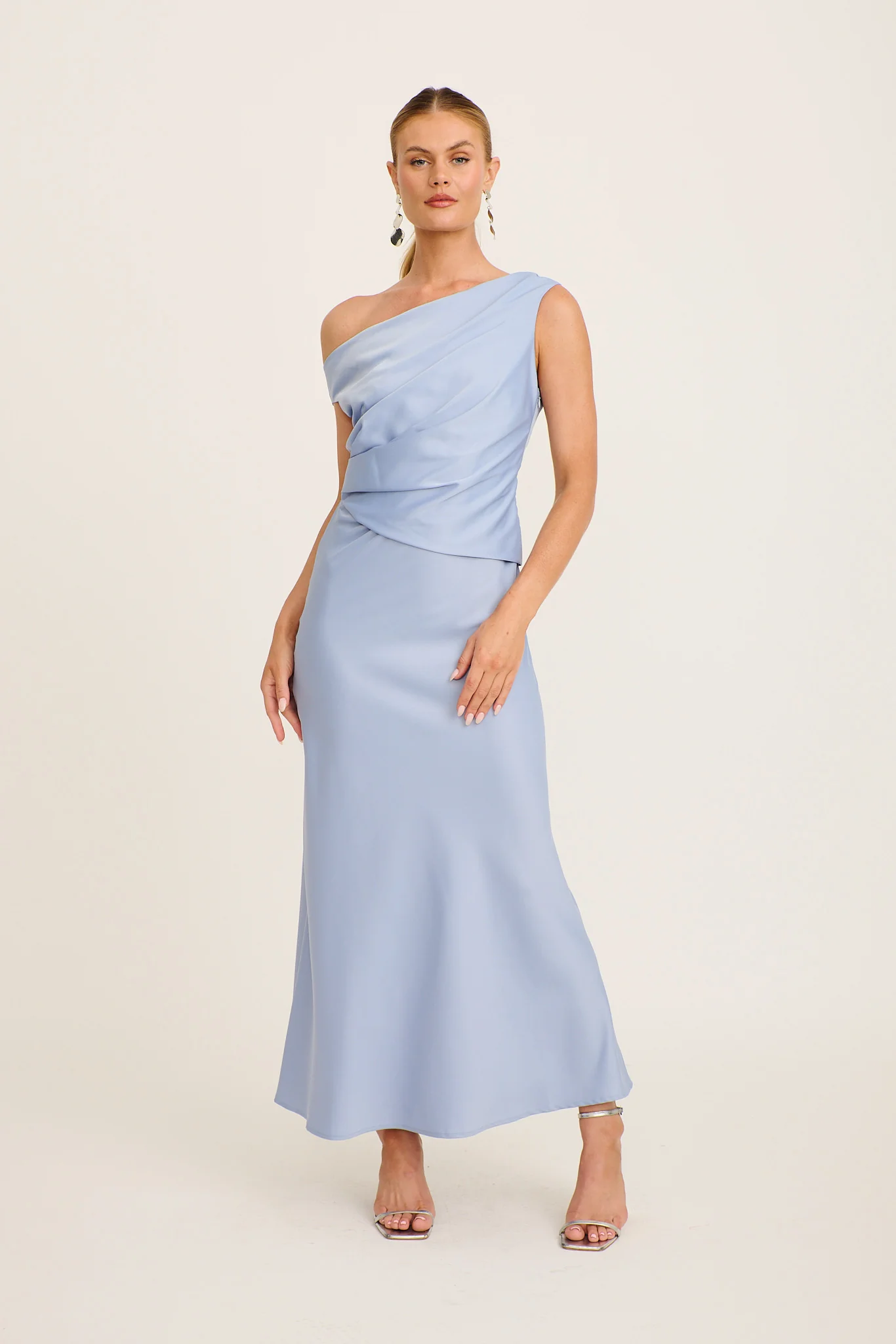 Rosé Nights One Shoulder Maxi Dress in Ice Blue Satin - Image 2