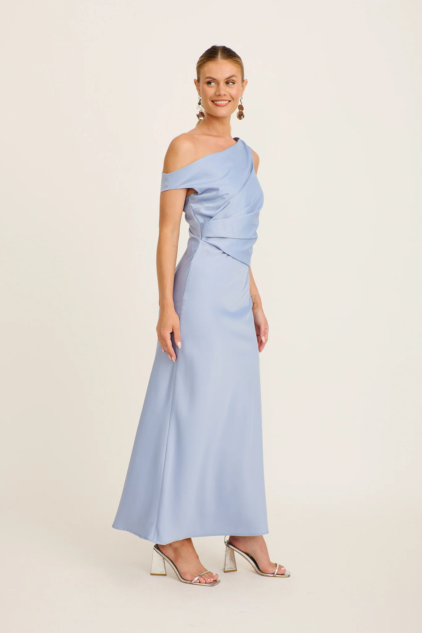 Rosé Nights One Shoulder Maxi Dress in Ice Blue Satin - Image 4