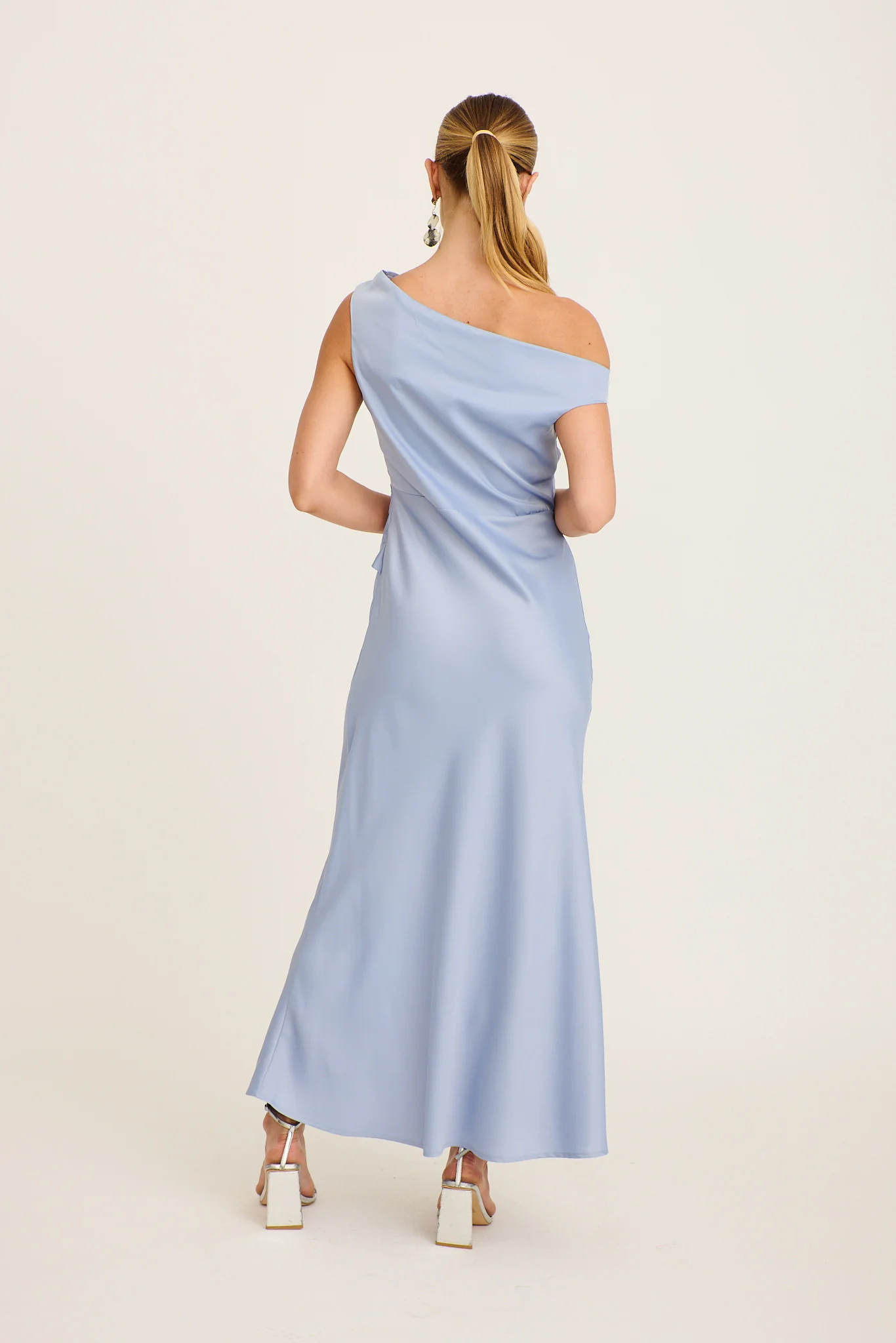 Rosé Nights One Shoulder Maxi Dress in Ice Blue Satin - Image 5