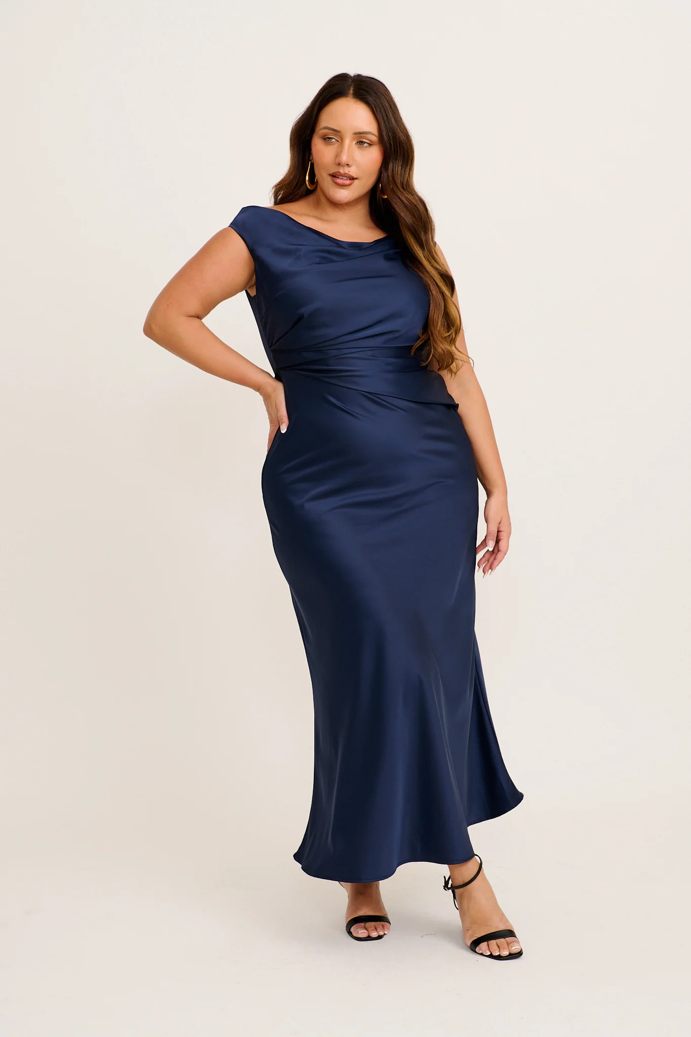 Rosé Nights Off Shoulder Maxi Dress in Navy Satin