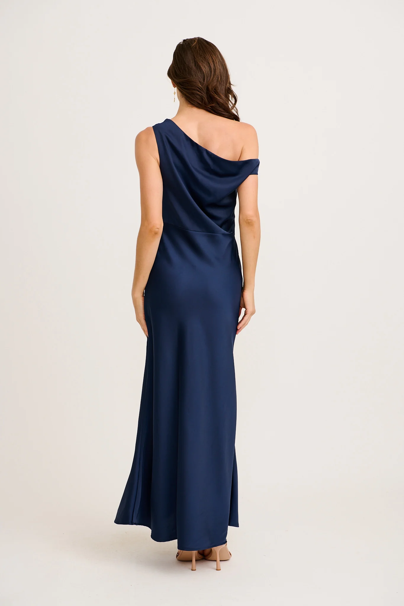 Rosé Nights Off Shoulder Maxi Dress in Navy Satin - Image 10