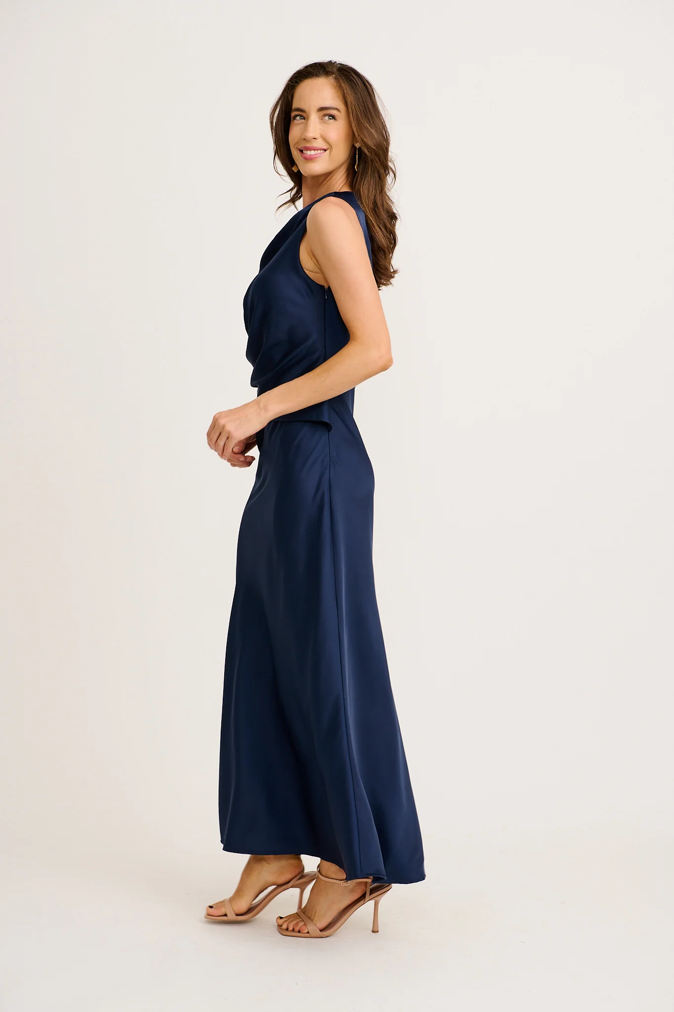 Rosé Nights Off Shoulder Maxi Dress in Navy Satin - Image 9