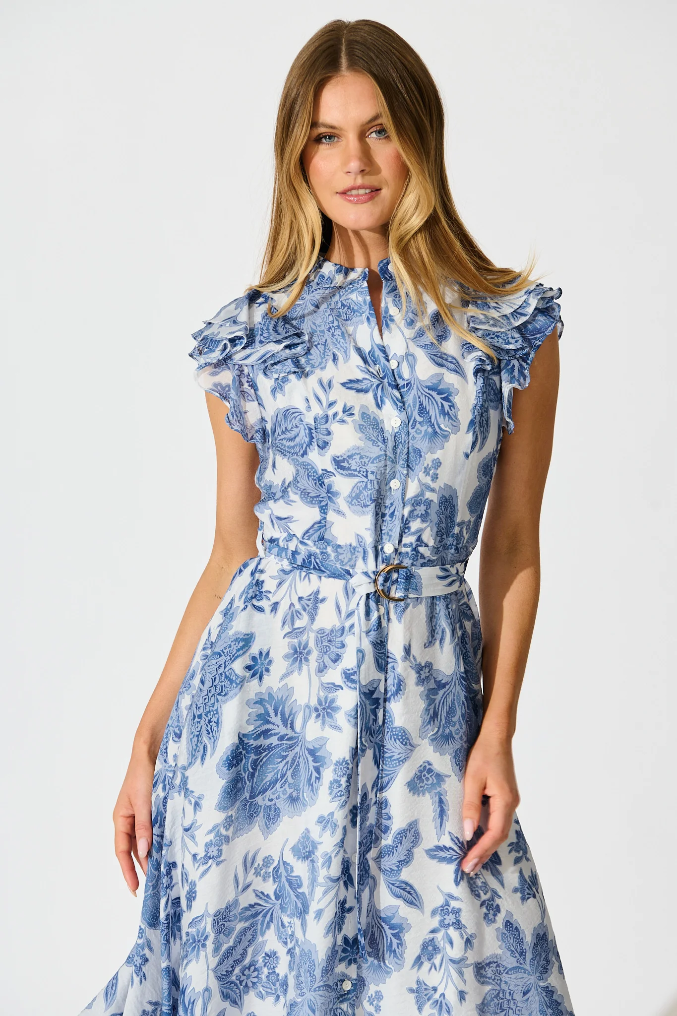 Roseabelle Midi Dress in Blue Leaf Print - Image 2