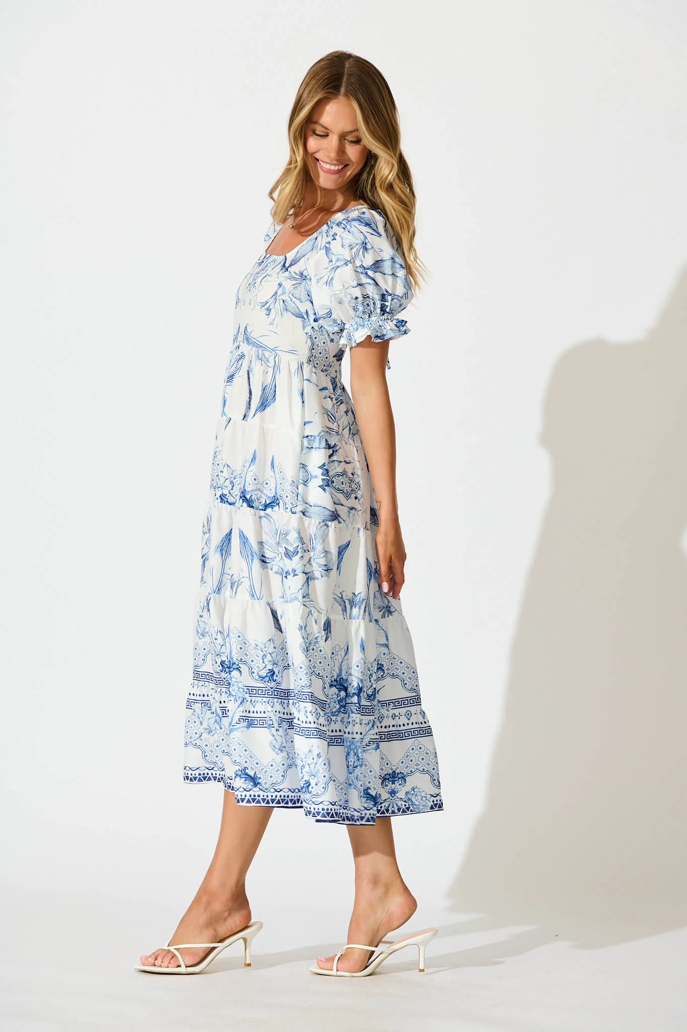 Roseau Midi Dress in White with Blue Floral Border - Image 3