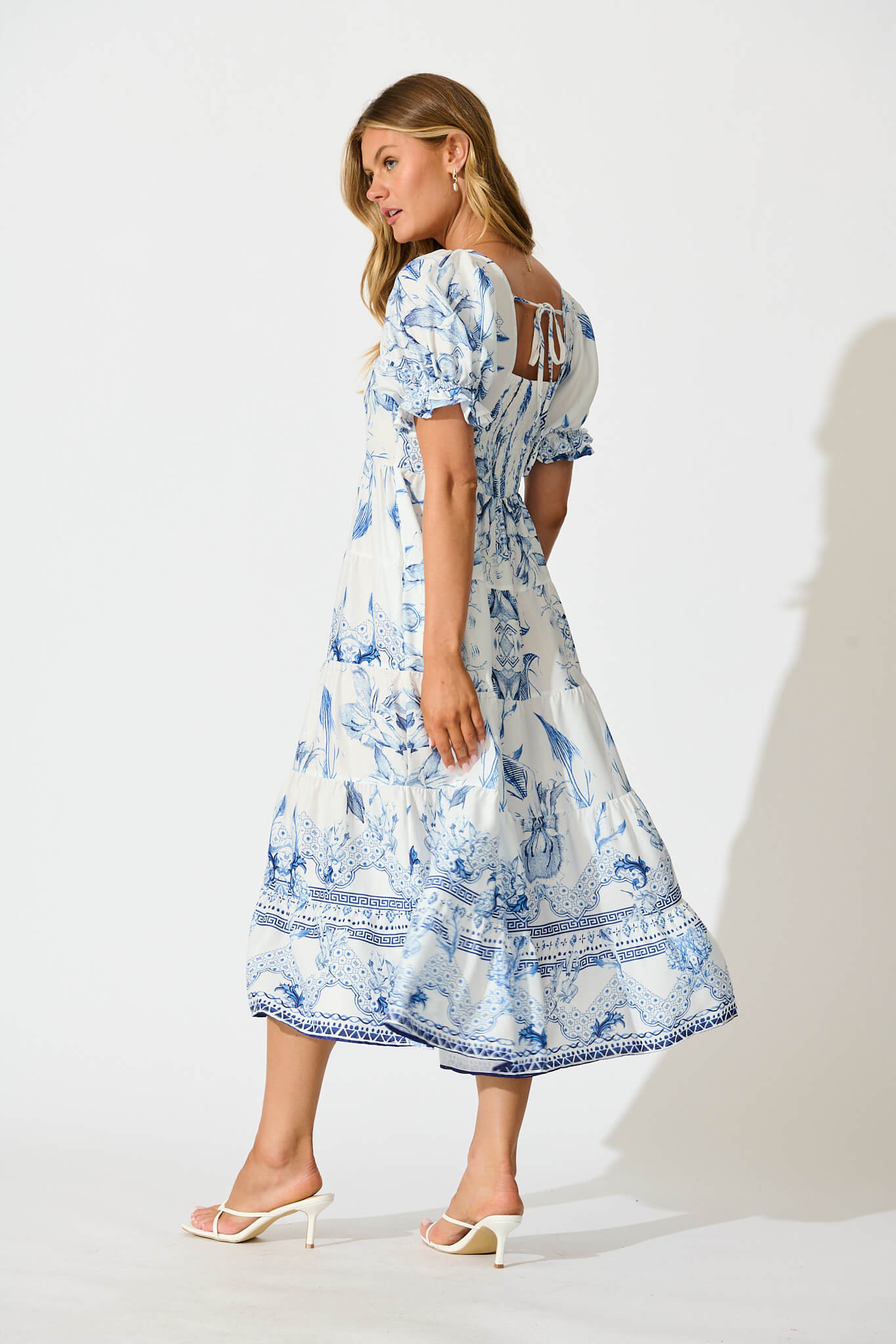 Roseau Midi Dress in White with Blue Floral Border - Image 4