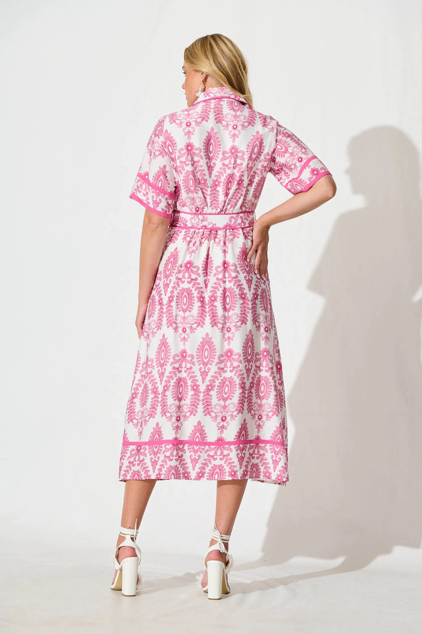 Rosella Midi Shirt Dress in White with Pink Floral Print - Image 4