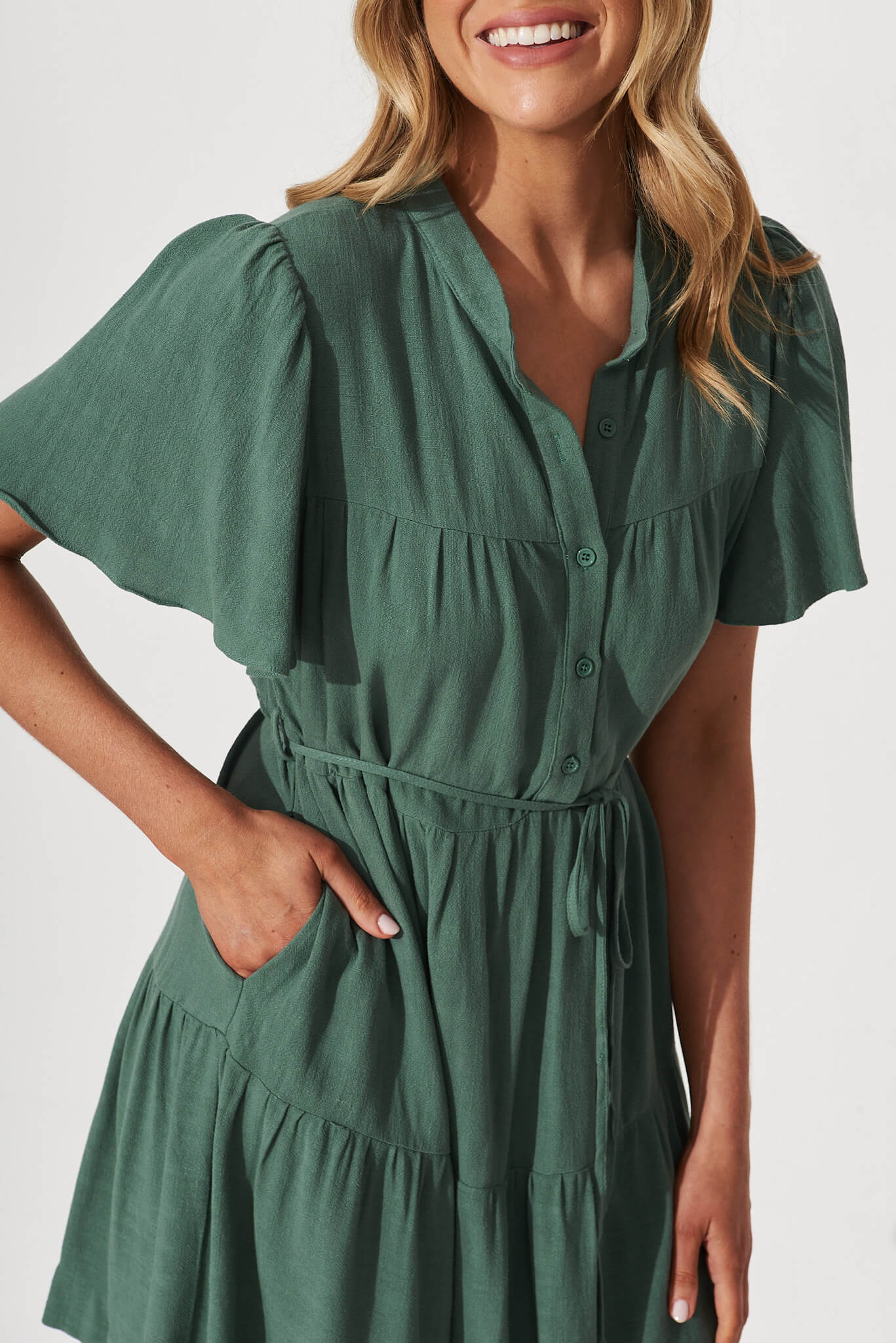 Rosemary Smock Dress In Green Linen Blend - Image 5
