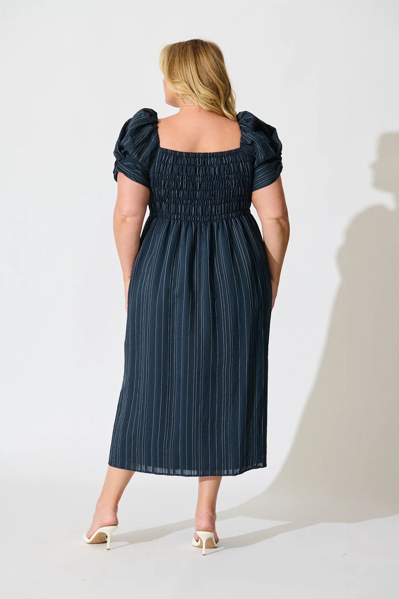 Rouse Midi Dress in Navy with White Stripe Cotton Blend - Image 11