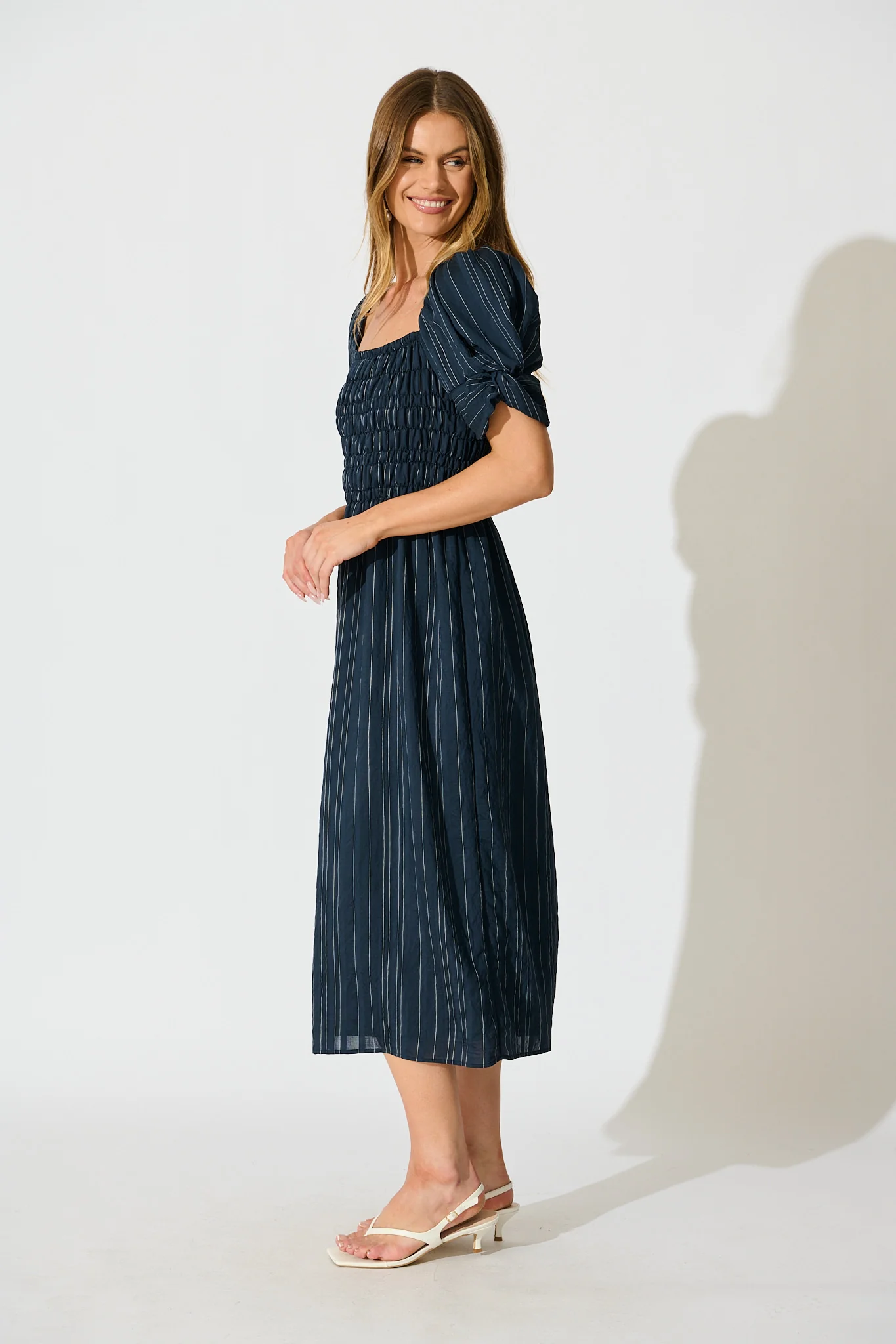 Rouse Midi Dress in Navy with White Stripe Cotton Blend - Image 5