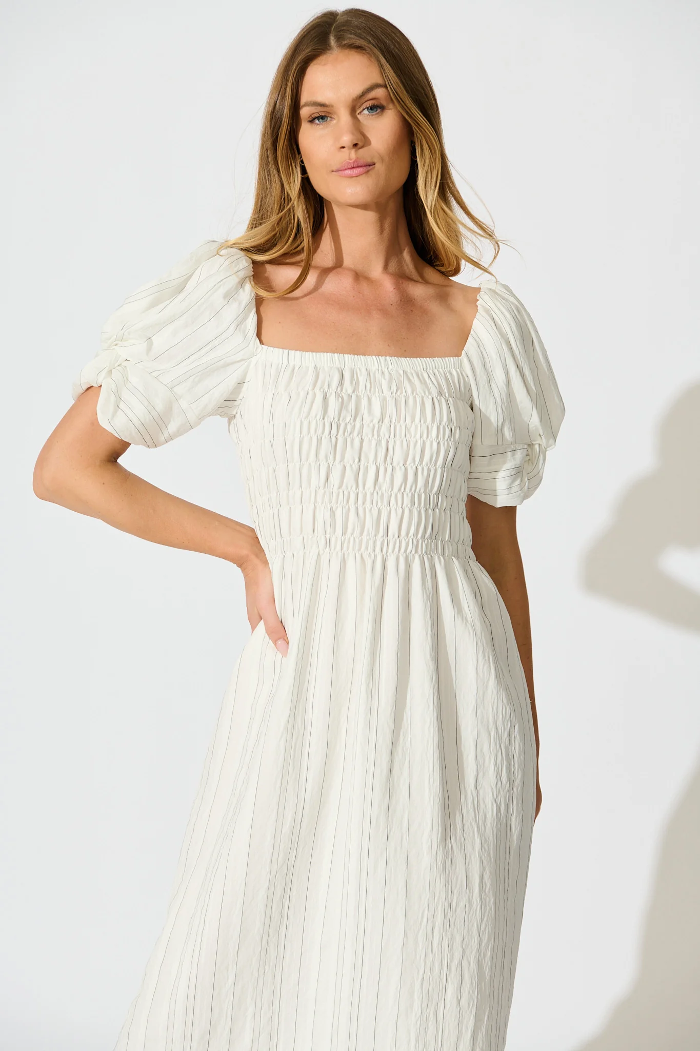 Rouse Midi Dress  in White with Black Stripe Cotton Blend - Image 2