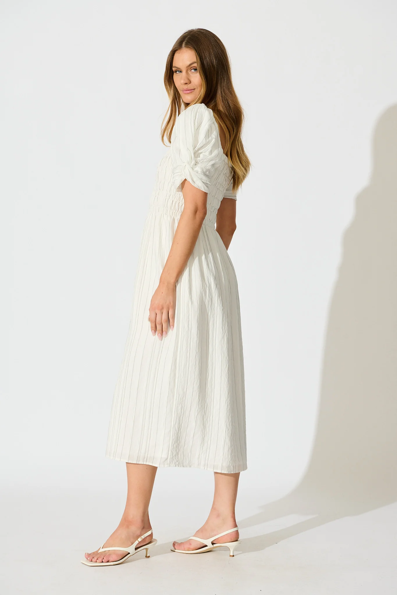 Rouse Midi Dress  in White with Black Stripe Cotton Blend - Image 3