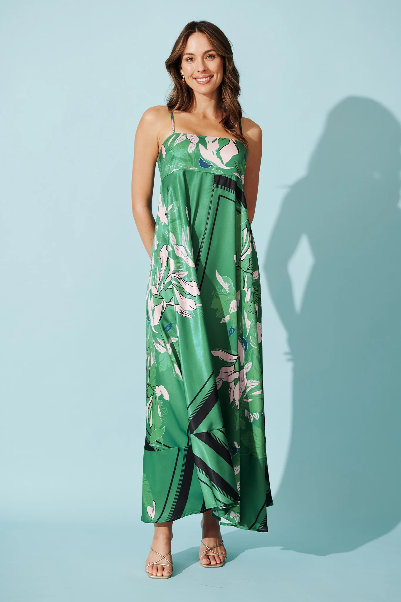 Ruthie Maxi Sundress in Emerald Print Satin - Image 4