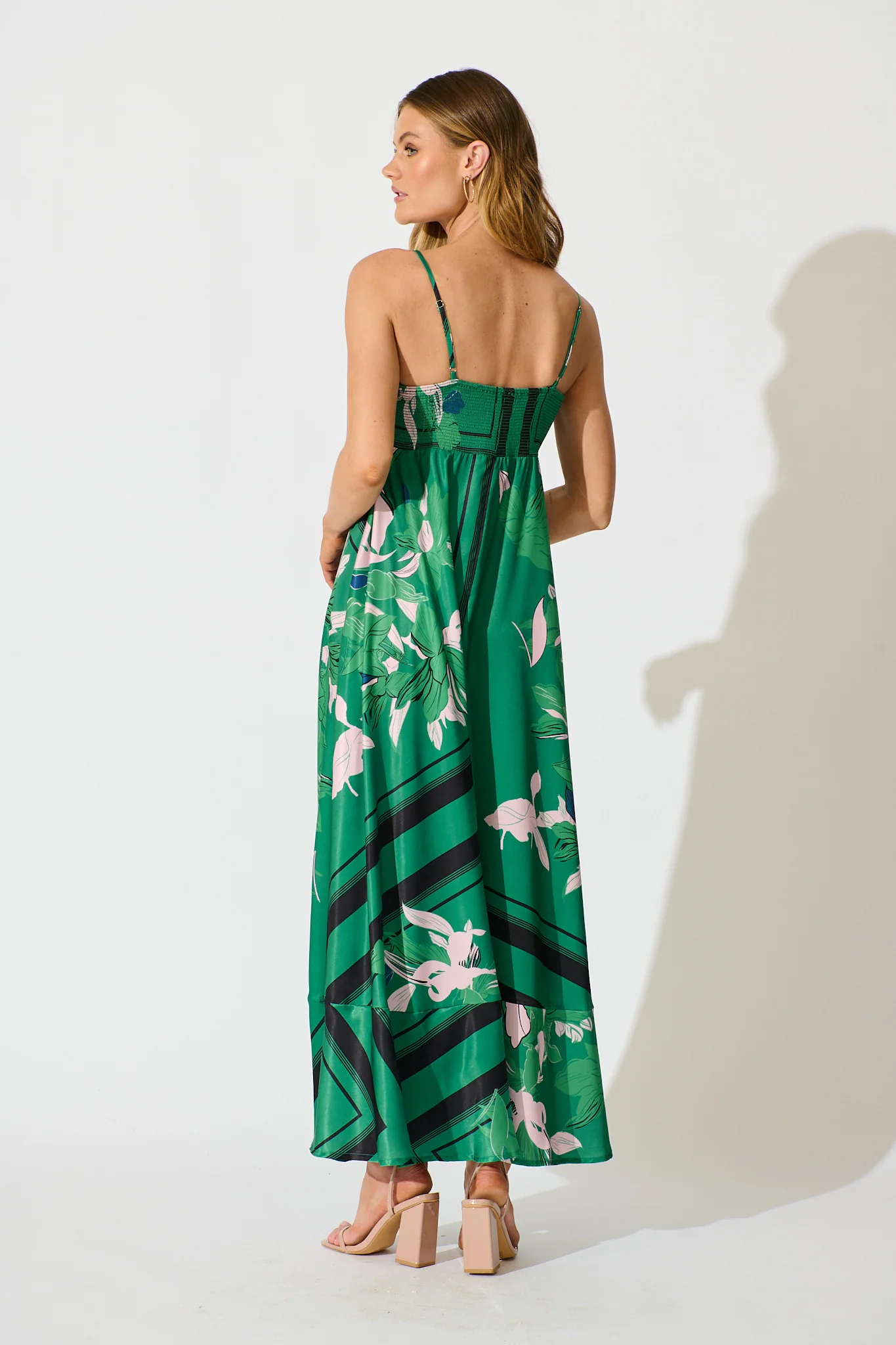 Ruthie Maxi Sundress in Emerald Print Satin - Image 7