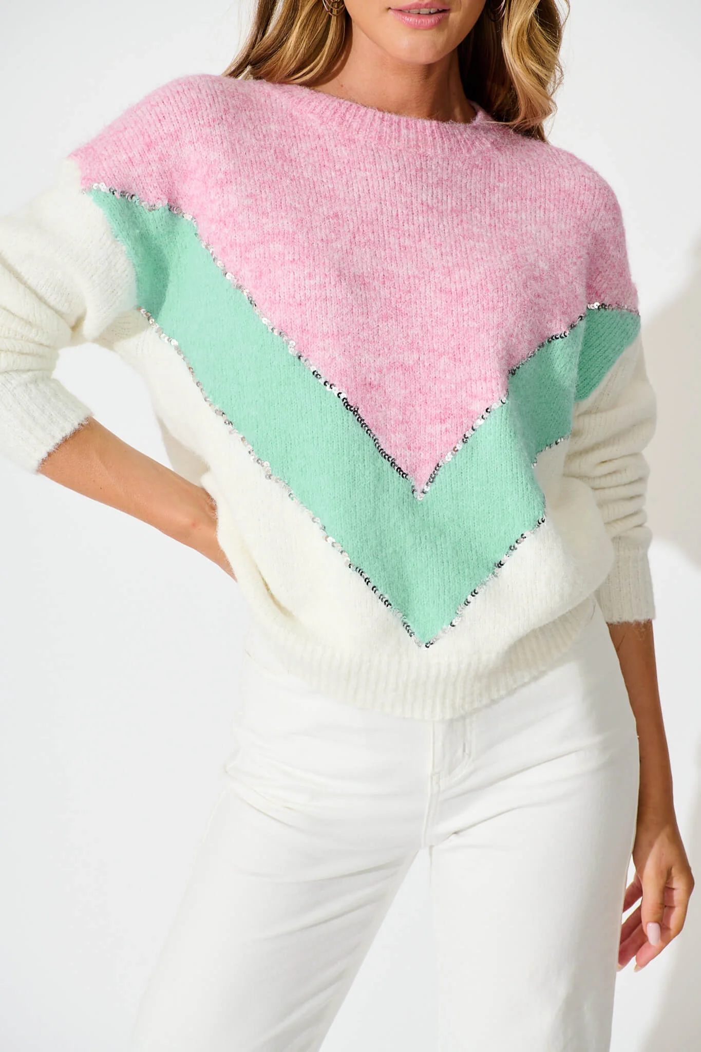 Sabre Knit in Pink with Green Colourblock Sequin Wool Blend - Image 9